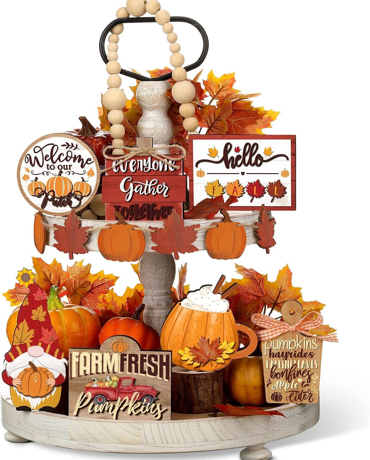 BBTO Set of 15 Fall Tiered Tray Decor Pumpkins Farmhouse Decor Autumn Maple Leaf Thanksgiving Table Centerpieces Harvest Wood Blocks Signs for Home(Bright Style)