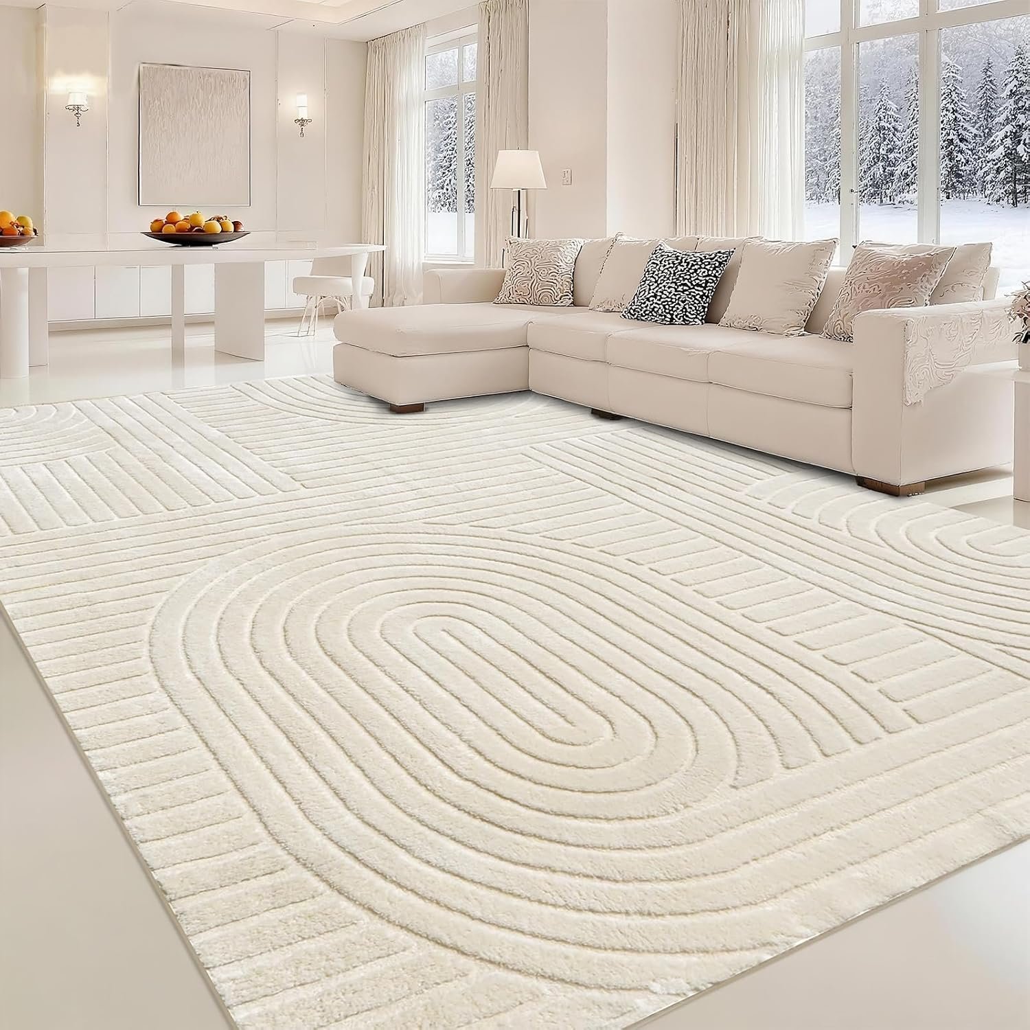 Beige Solid Area Rug 8×10 – Large Washable Soft Indoor Rugs for Living Room Bedroom, Modern Geometric Bohemian Pattern High-Low Pile Textured Carpet for House Apartment, Home Office Decor