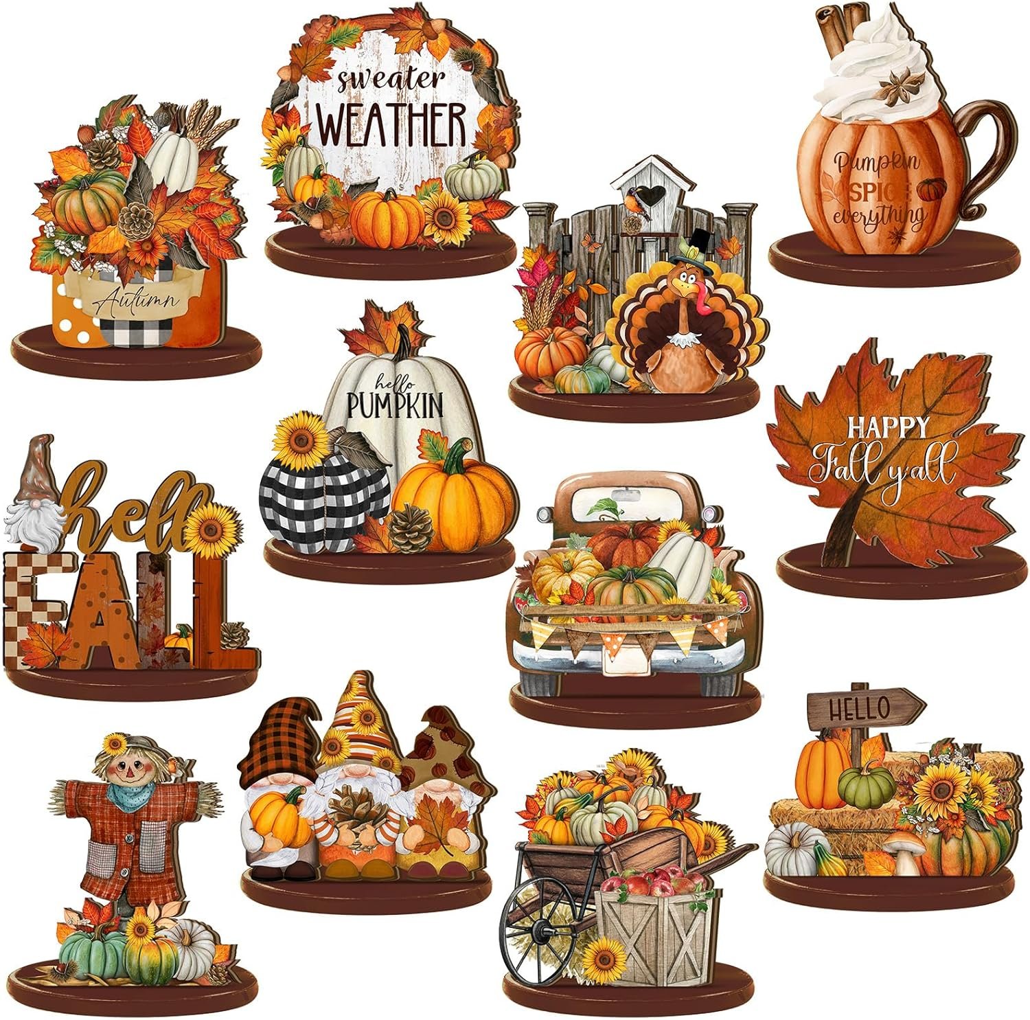 Leinuosen 12 Pcs Fall Table Decorations Thanksgiving Tiered Tray Decor Thanksgiving Centerpieces for Dinner Tables Autumn Gnome Maple Turkey Wooden Sign Fall Decor for Home Kitchen Shelf Farmhouse