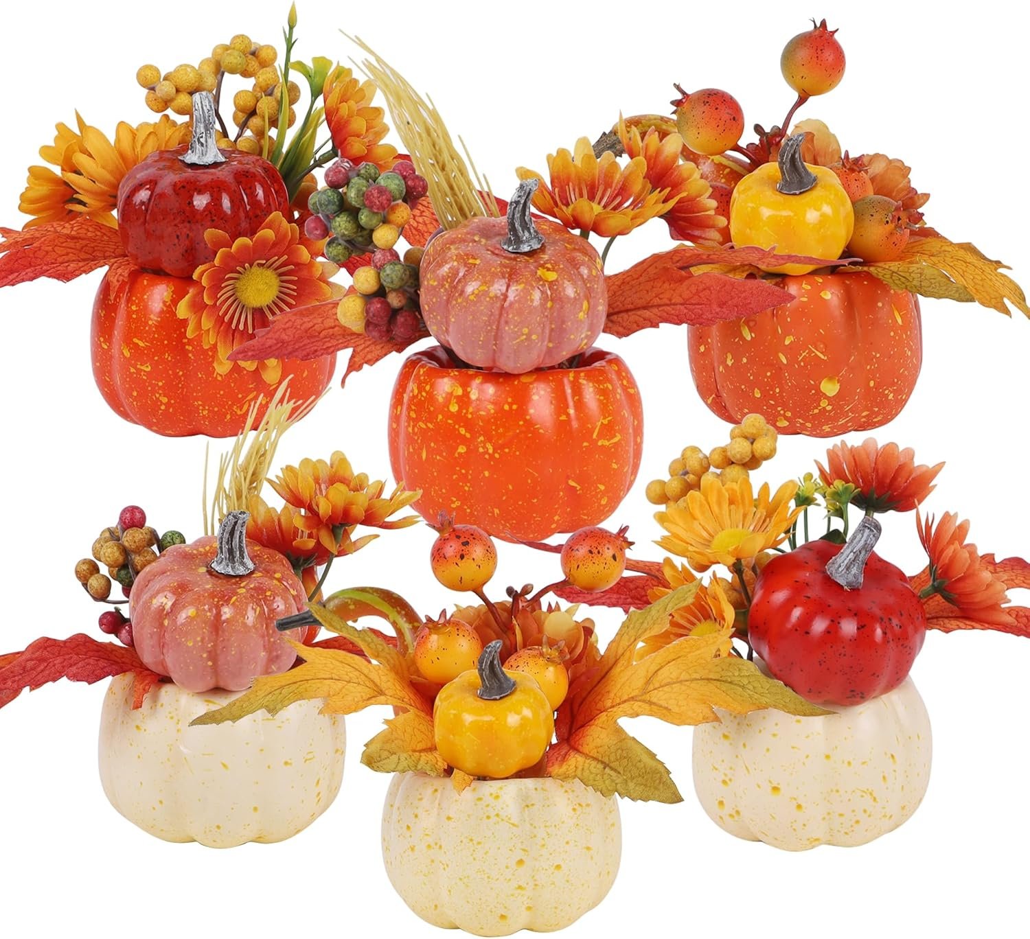 winemana Fall Decorations for Home, Set of 6 Artificial Pumpkins | with Maple & Flowers, Thanksgiving Table Decor, Pumpkin Vases Centerpiece, For Kitchen Office Indoor