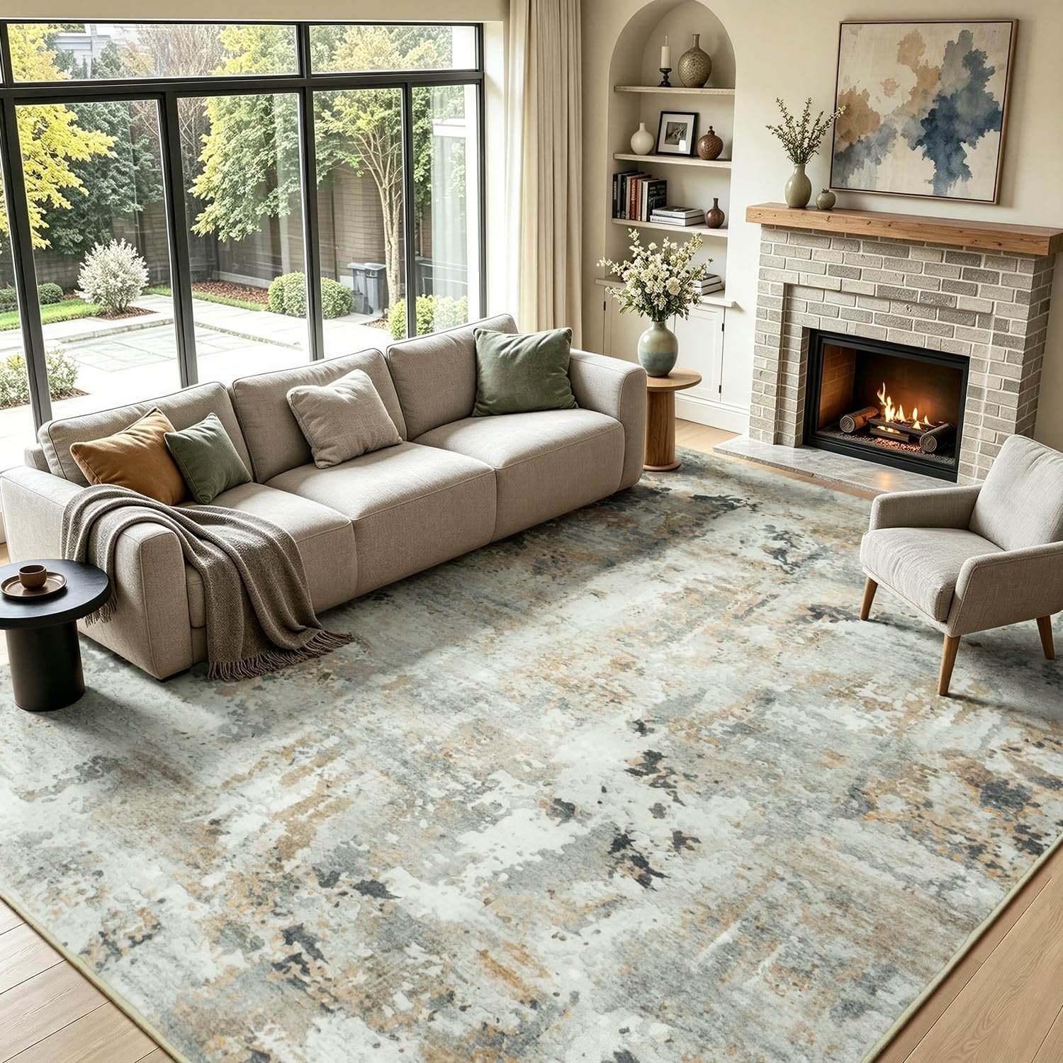 8×10 Area Rugs for Living Room, Abstract Neutral Large Washable Rug, Indoor Soft Non-Slip Floor Carpet for Bedroom Dining Room Home Decor, Brown/Grey