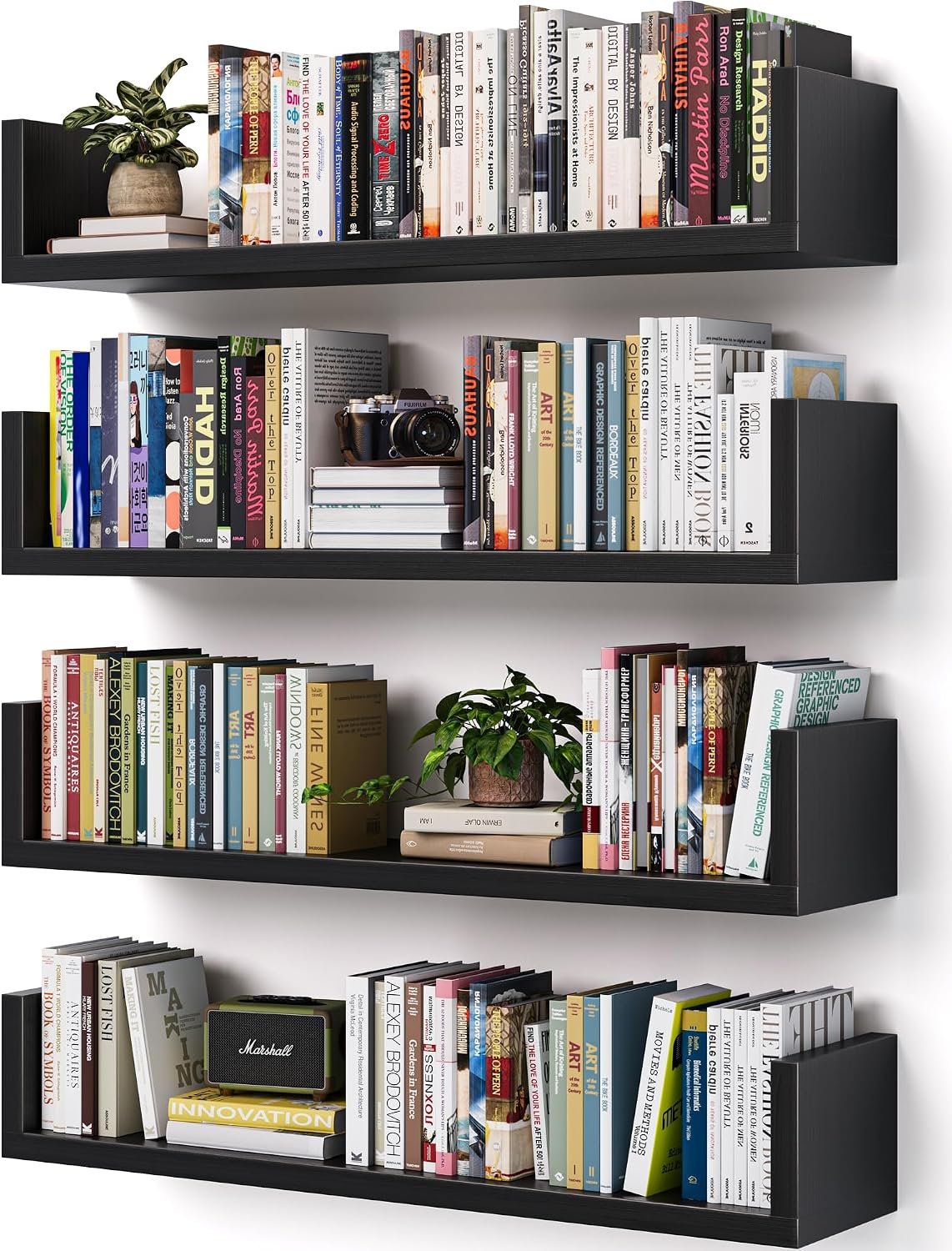 Wall Bookshelf, Set of 4, U Shaped Floating Bookshelf, Hanging Bookshelves for Wall, Wall Mounted Shelves for Living Room Bedroom Office (Black, 17 Inches, 4)