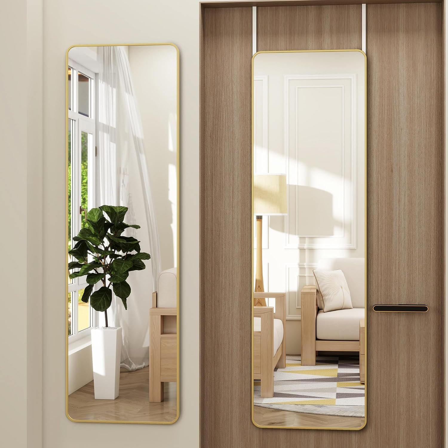 Full Length Door Mirror 14×48, Metal Frame with Protective Film, No-Drilling Hanging or Wall Mount (Horizontal/Vertical), Hooks & Hardware Included, Full Body Mirror for Bedroom, Dorm, Gold