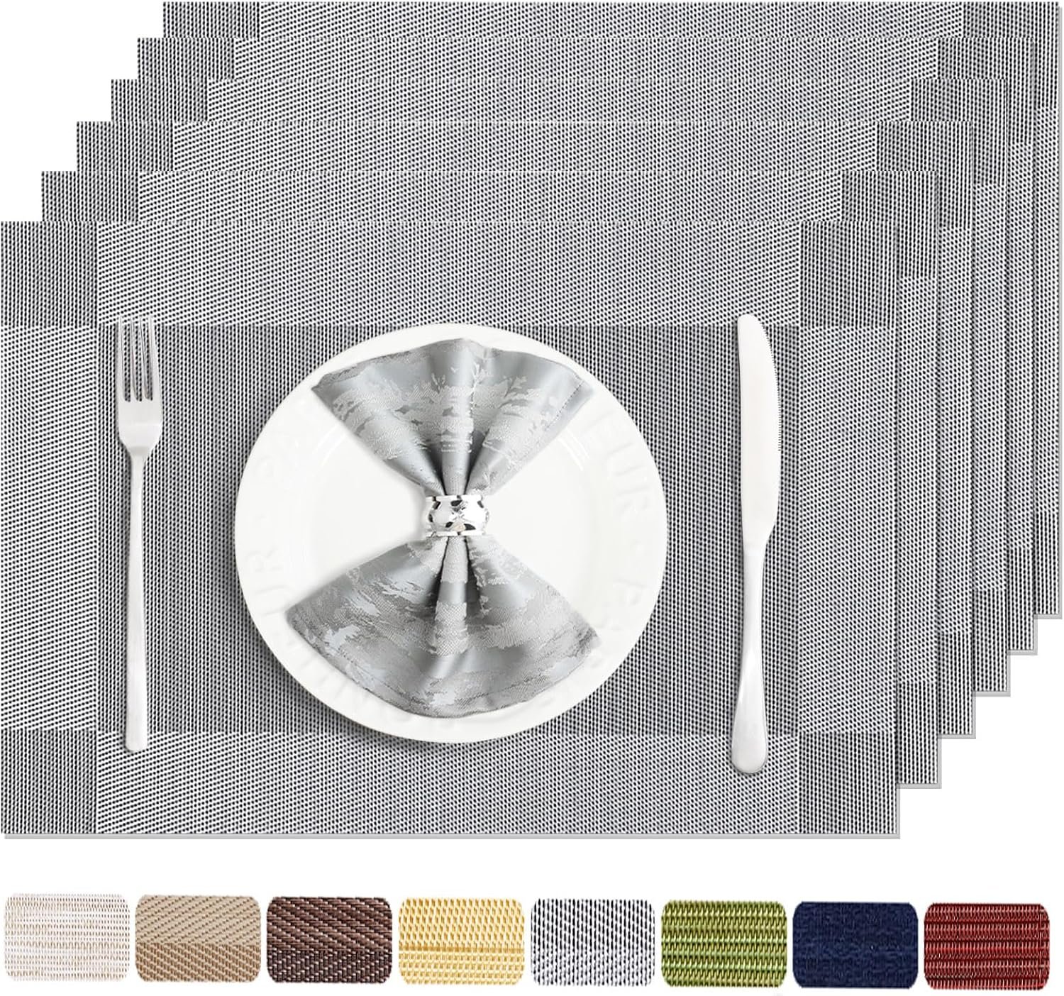 Table Placemats Set of 6 Washable&Wipeable Silver Table Placemats for Dining Table Kitchen Indoor Outdoor Table Mats Heat Resistant Non Slip Woven Vinyl Table Placemats (Grey，6PCS)