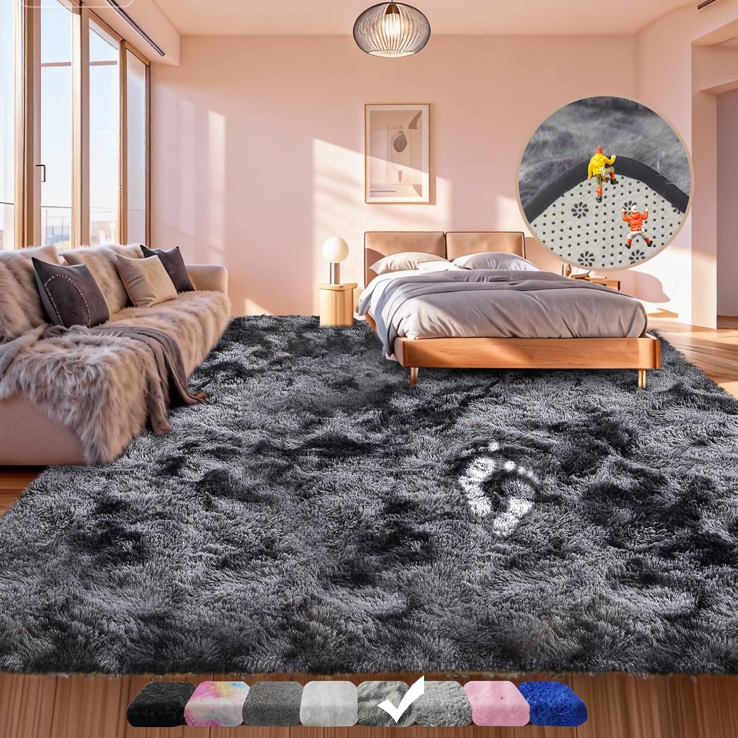 9×12 Shag Area Rugs for Living Room, Extra Large Ultra Soft Fluffy Furry Rug for Bedroom, Indoor Carpet Plush Fuzzy Nursery Rugs for Girls and Boys, Dorms, Home Decor Aesthetic, Tie-Dyed Black Grey