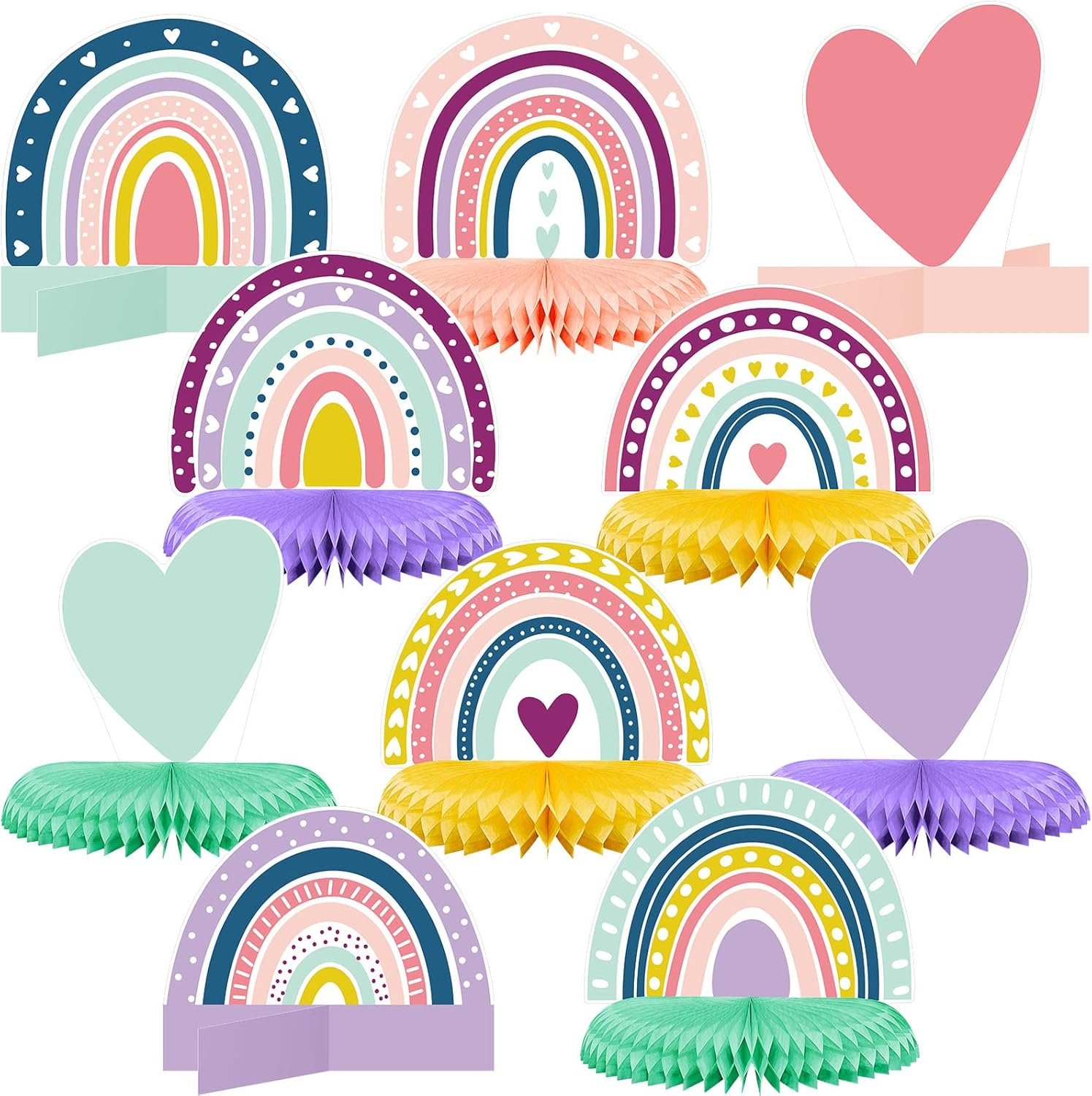 Marspark 10 Pcs Rainbow Honeycomb Centerpiece Rainbow Teamed Easter Birthday Party Table Decoration Supplies Pastel Table Sign Boho Decor Heart Paper Centerpiece for Baby Shower Wedding Decor
