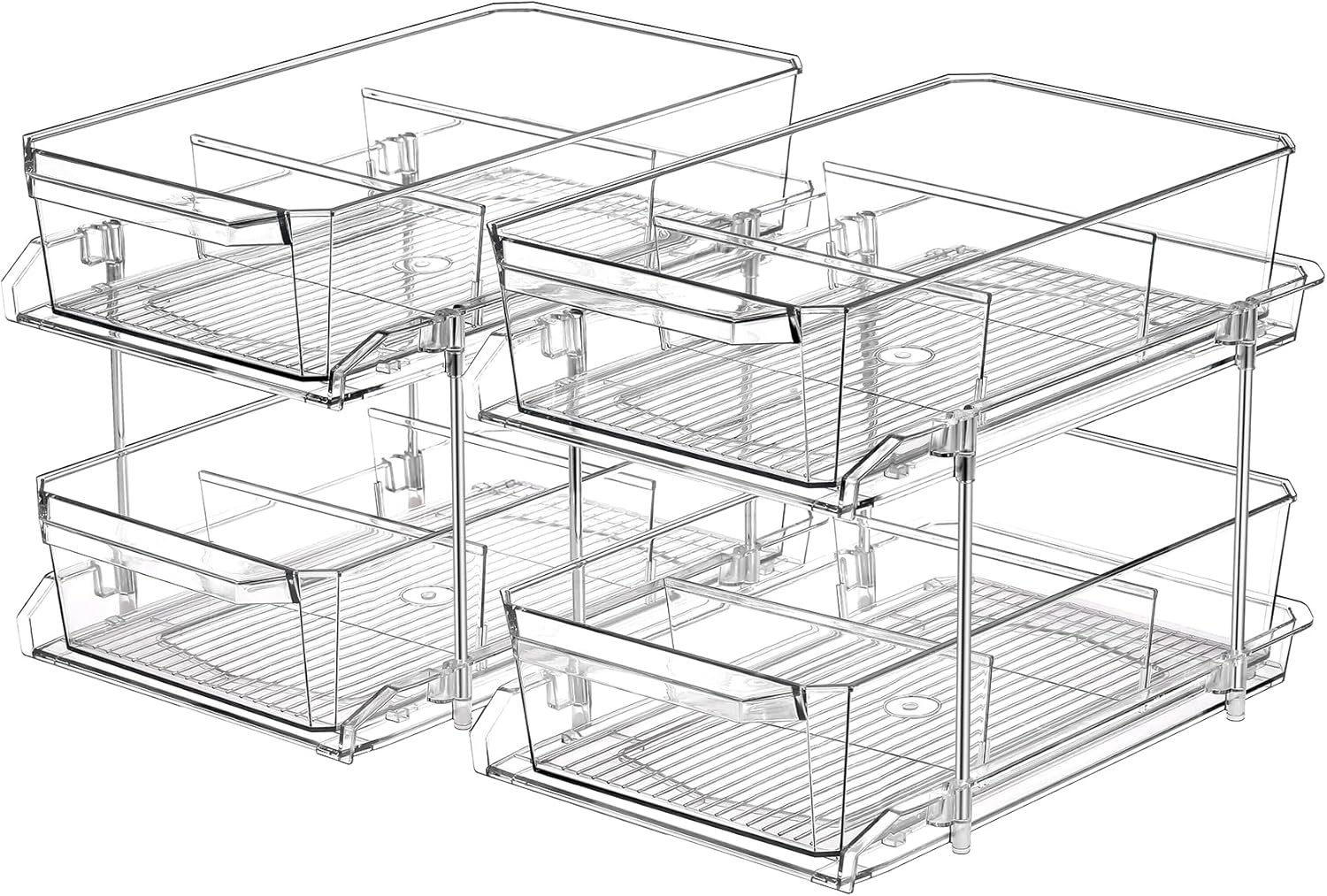 2 Set, 2 Tier Clear Organizer with Dividers for Cabinet, Shlef, Counter – MultiUse Slide-Out Storage Container – Kitchen, Pantry, Medicine Cupboard Bins, Bathroom, Vanity Makeup, Under Sink Organizing