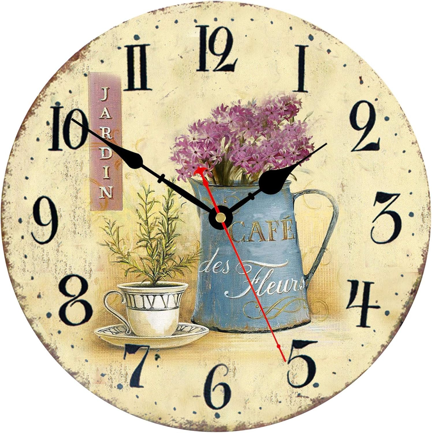 8 Inch Wall Clock Floral French Vintage Wooden Wall Clock Silent Non-Ticking Battery Operated Arabic Numerals Wall Clocks Decorative for Kitchen, Office, Classroom – Cafe and Flowers