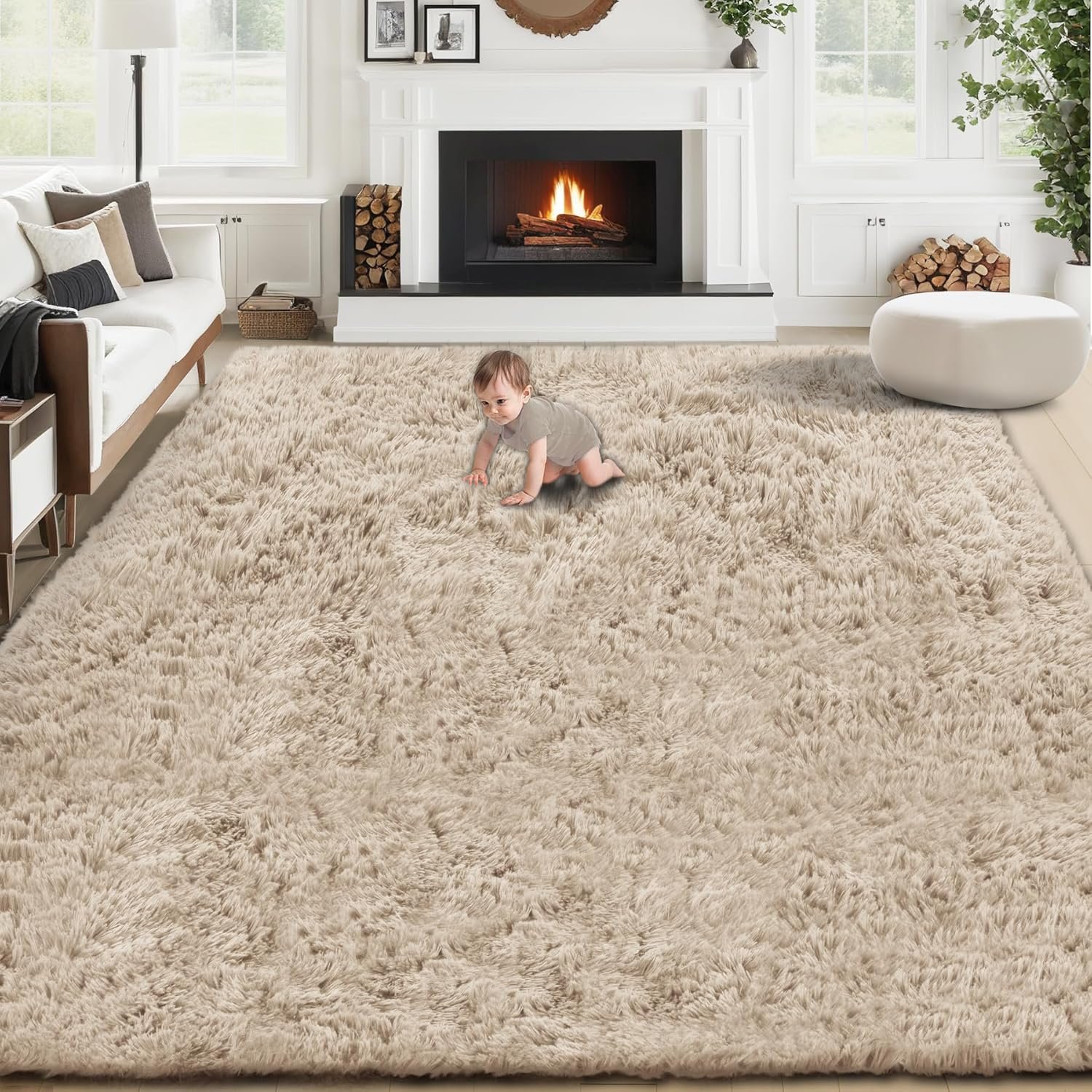 8×10 Area Rugs for Living Room: Fluffy Shag Soft Washable Rug Large Fuzzy Plush Indoor Carpet for Bedroom Nursery Playroom Kids Girls Boys Room (Camel, 8’x10′)