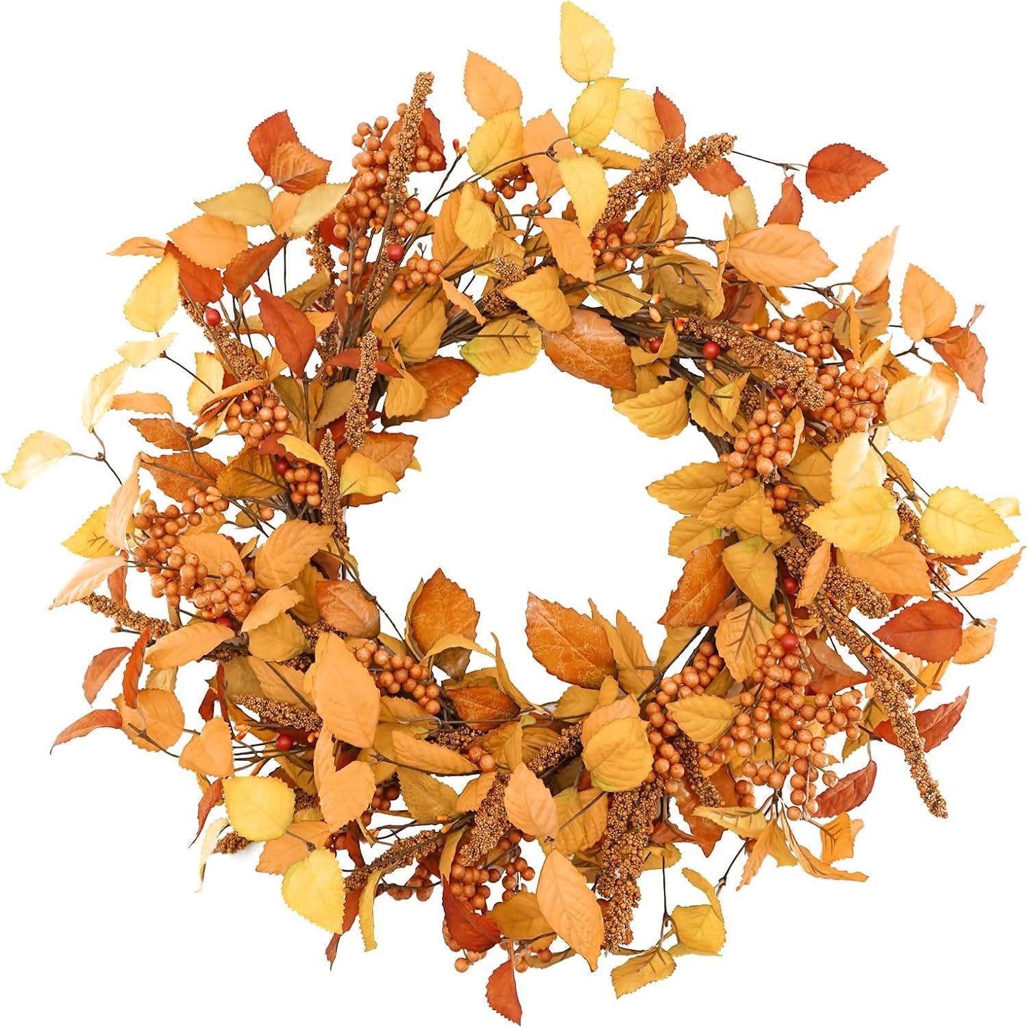 YNYLCHMX 20″ Fall Wreaths for Front Door, Artificial Autumn Wreath, Fall Door Wreath with Eucalyptus Leaves and Sorghum for Home Porch Window Wall Farmhouse Decor, Indoor Outdoor, Holiday Decor
