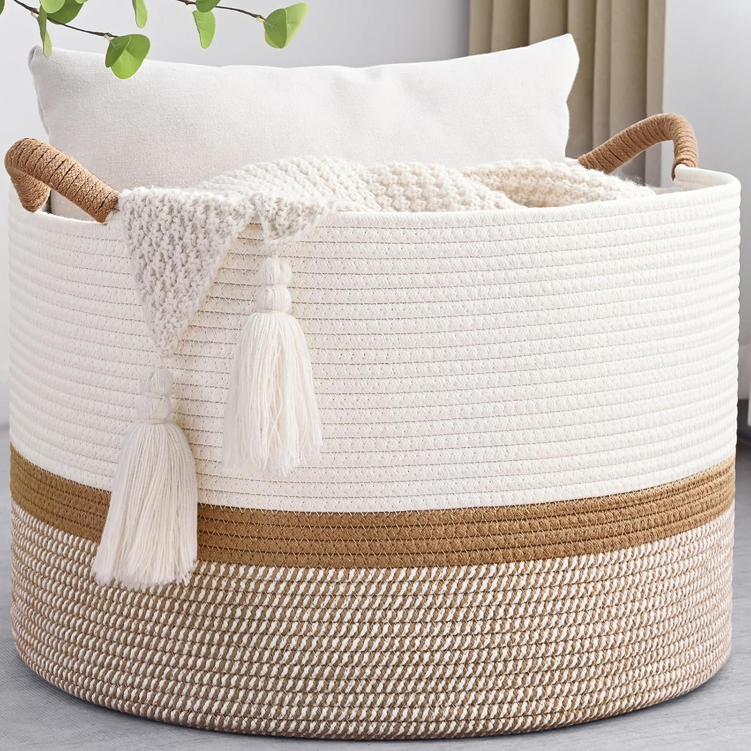 67L Large Blanket Basket, 20″x13″ Woven Storage Baskets With Handle, Cotton Rope Blanket Basket Living Room, Baby Laundry hamper for Blanket, Nursery, Toy, Pillow (White & Brown)