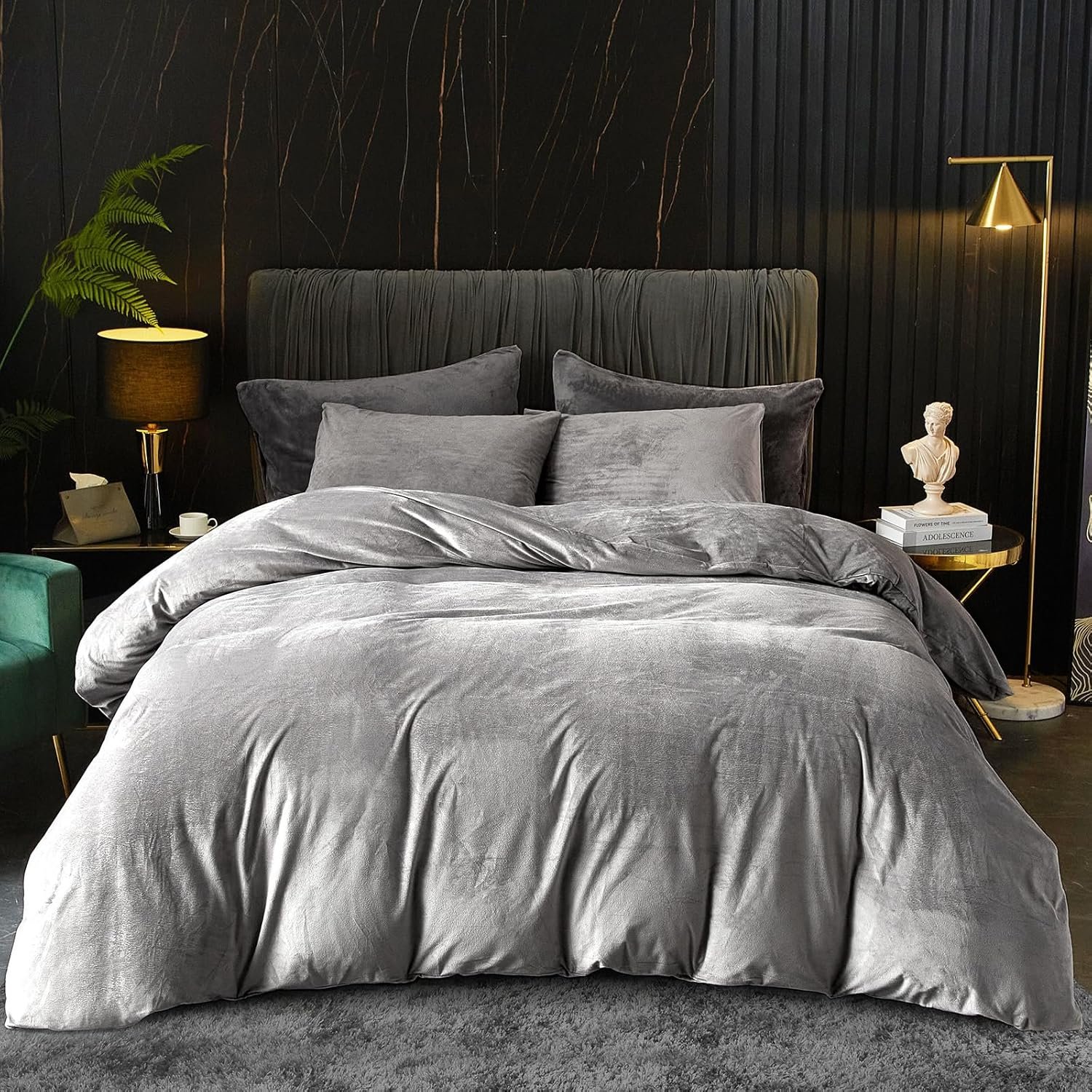 Ivellow Velvet Duvet Cover Queen Set – Smoky Gray Velvet Comforter Cover 3Pcs Ultra Soft Duvet Breathable Solid Luxury Flannel Velour Zipper Closure Corner Tie
