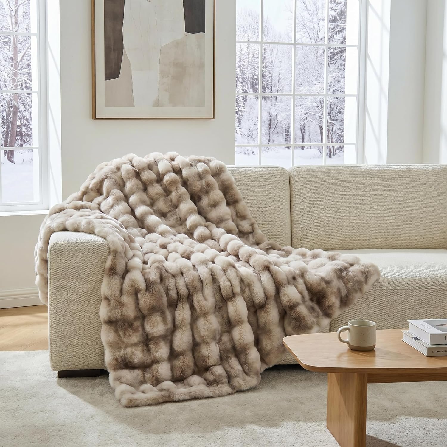 Faux Fur Throw Blanket 50×60 Inches, 800GSM Soft Plush Thick Bubble Blanket for Couch and Bed, Fuzzy Soft Tie-Dye Brown Faux Rabbit Fur Blanket for Sofa Living Room Bedroom