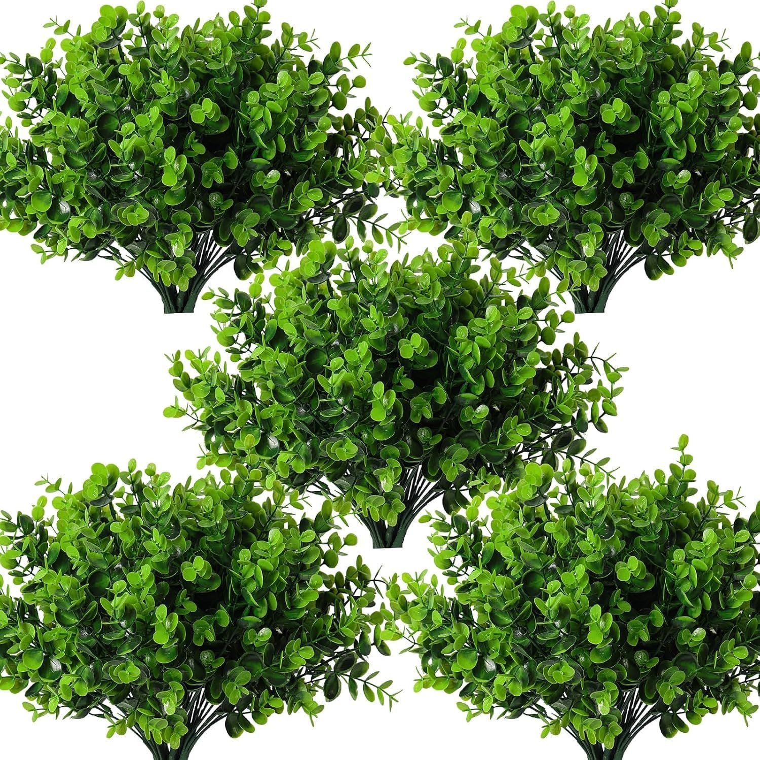 RECUTMS 12 Bundles Artificial Bushes Greenery Plants Stems Faux Shrubs Boxwood Plants Outdoor Fake Eucalyptus for Spring Summer Farmhouse Home Office Wedding Graduation Indoor Outdoor Decor(Green)