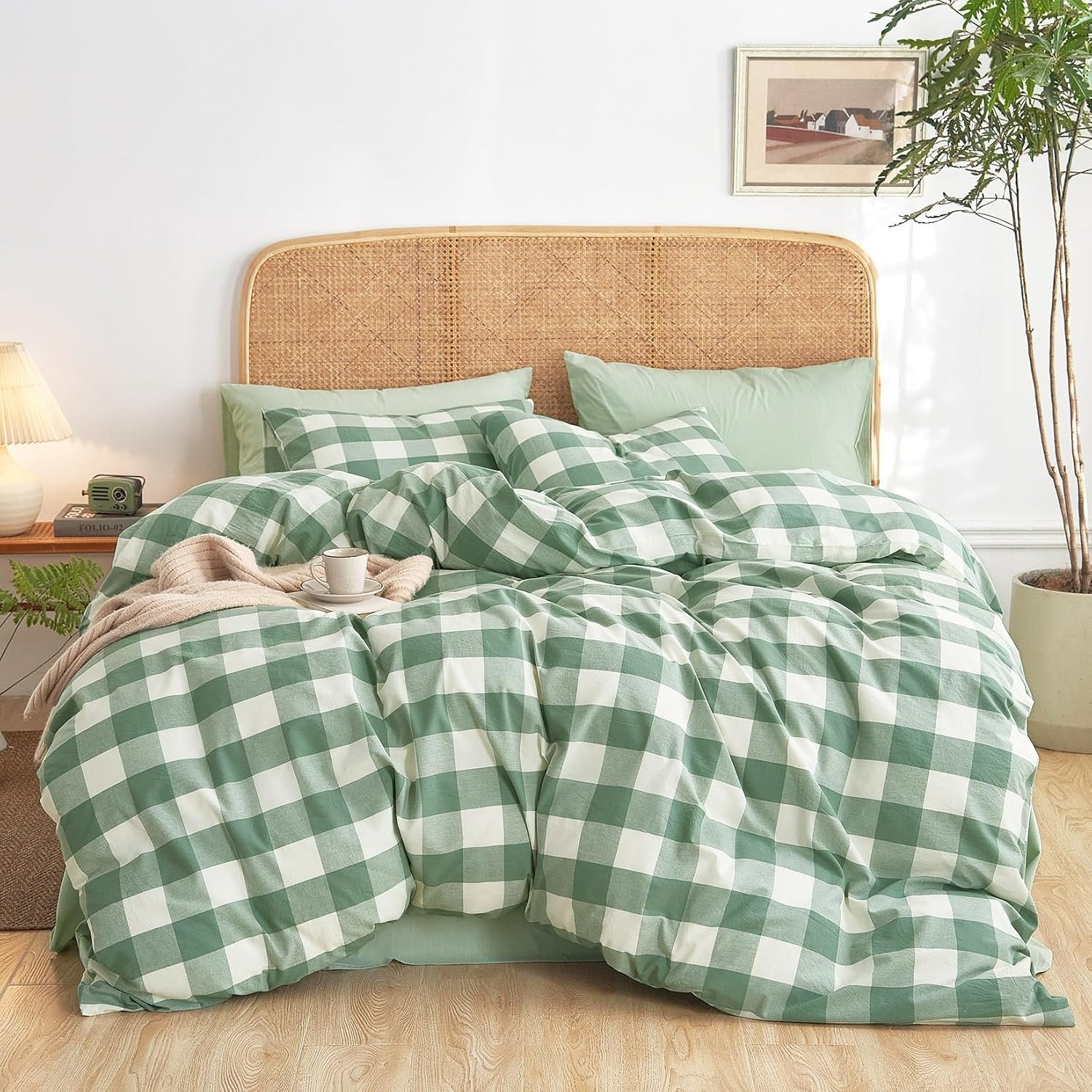 Wake In Cloud – Gingham Cotton Duvet Cover Set, Plaid Buffalo Check Checkered Farmhouse, 100% Washed Cotton Textured Bedding Set, 3 Pieces, Green White, Full Size
