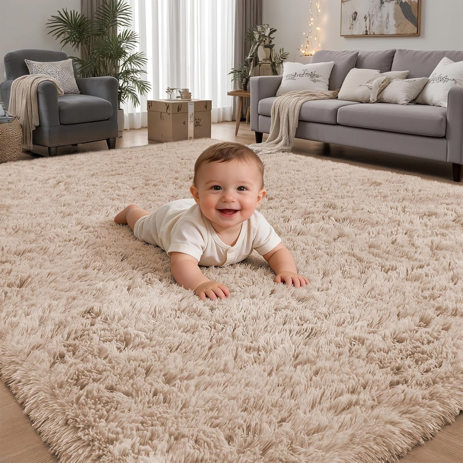 8×10 Area Rugs for Living Room Bedroom: Camel Soft Fluffy Shag Upgrade Non-Slip High Pile Carpet Large Fuzzy Plush Indoor Floor Decor Shaggy Rug for Kid Boys Girls Dorms Playroom Nursery Modern Home