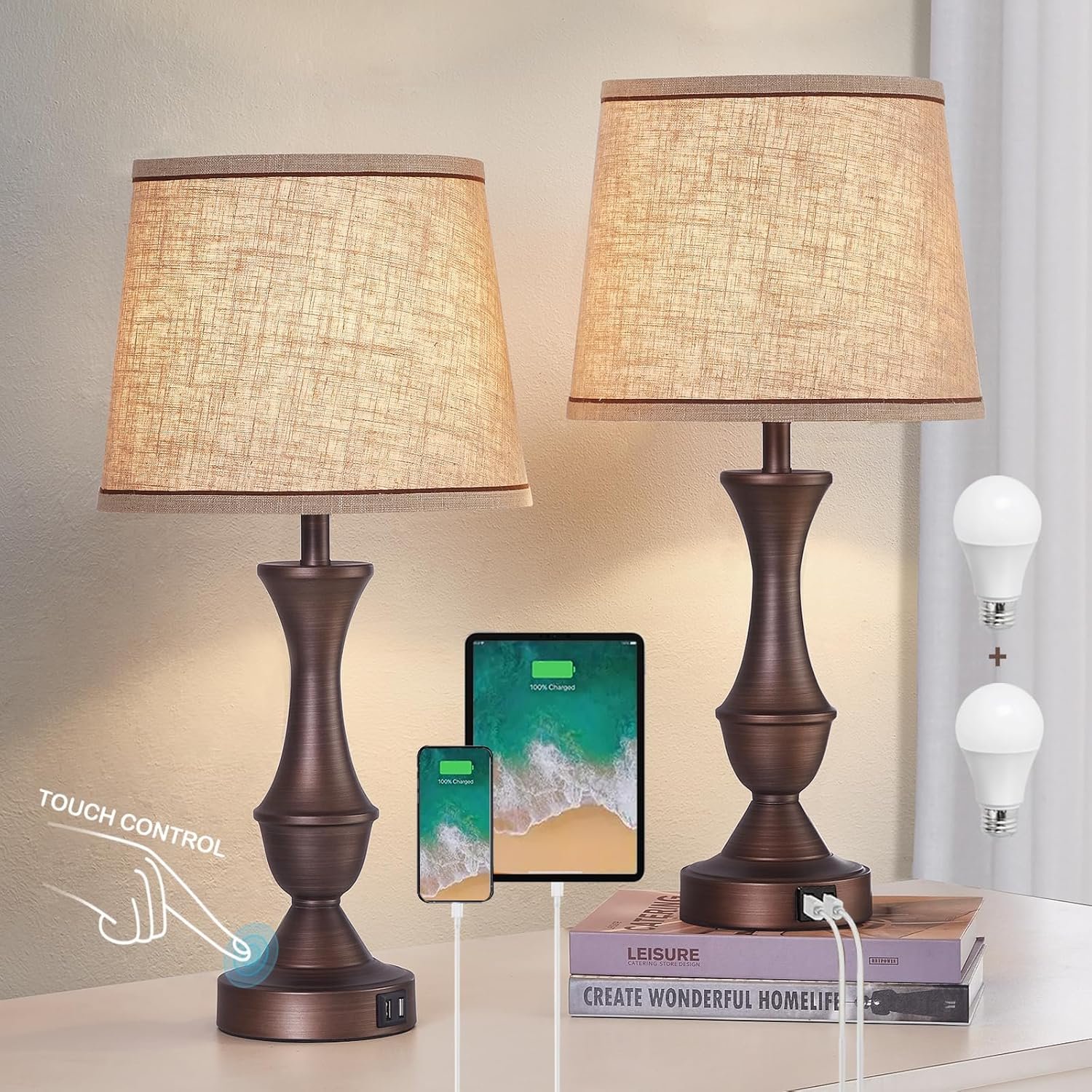 Luvkczc Touch Table Lamps Set of 2, 22″ Tall Bedside Lamps with USB C+A Ports, Dimmable Table Lamp, Nightstand Lamps for Bedroom, Living Room, Office, Brown Lamps with Beige Lampshade, Bulbs Included