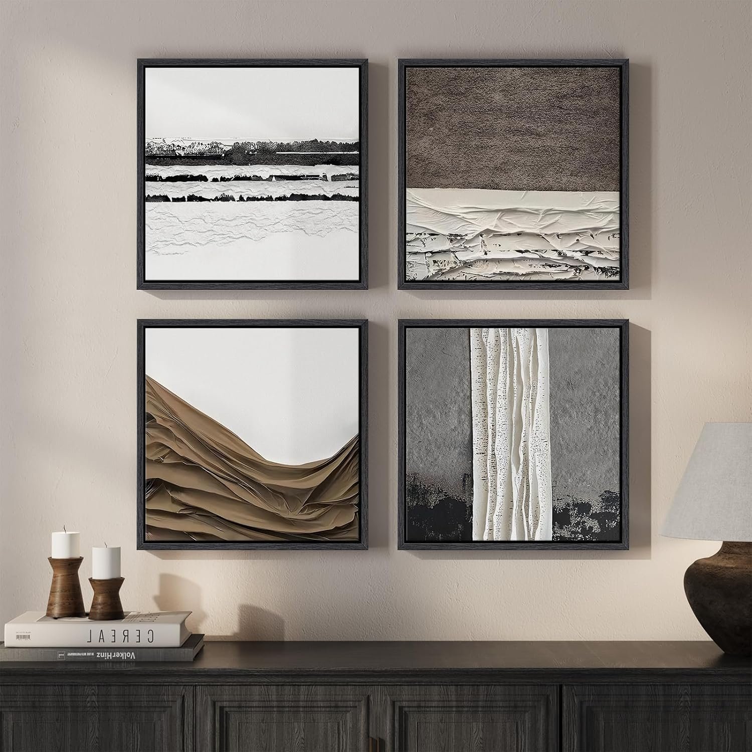 Framed Abstract Neutral Wall Art Set of 4, Modern Brown White Gray Canvas Prints Artwork for Walls, Contemporary Minimalist Earth Tone Square Wall Art for Living Room Bedroom Office Decor, 12×12 Inch