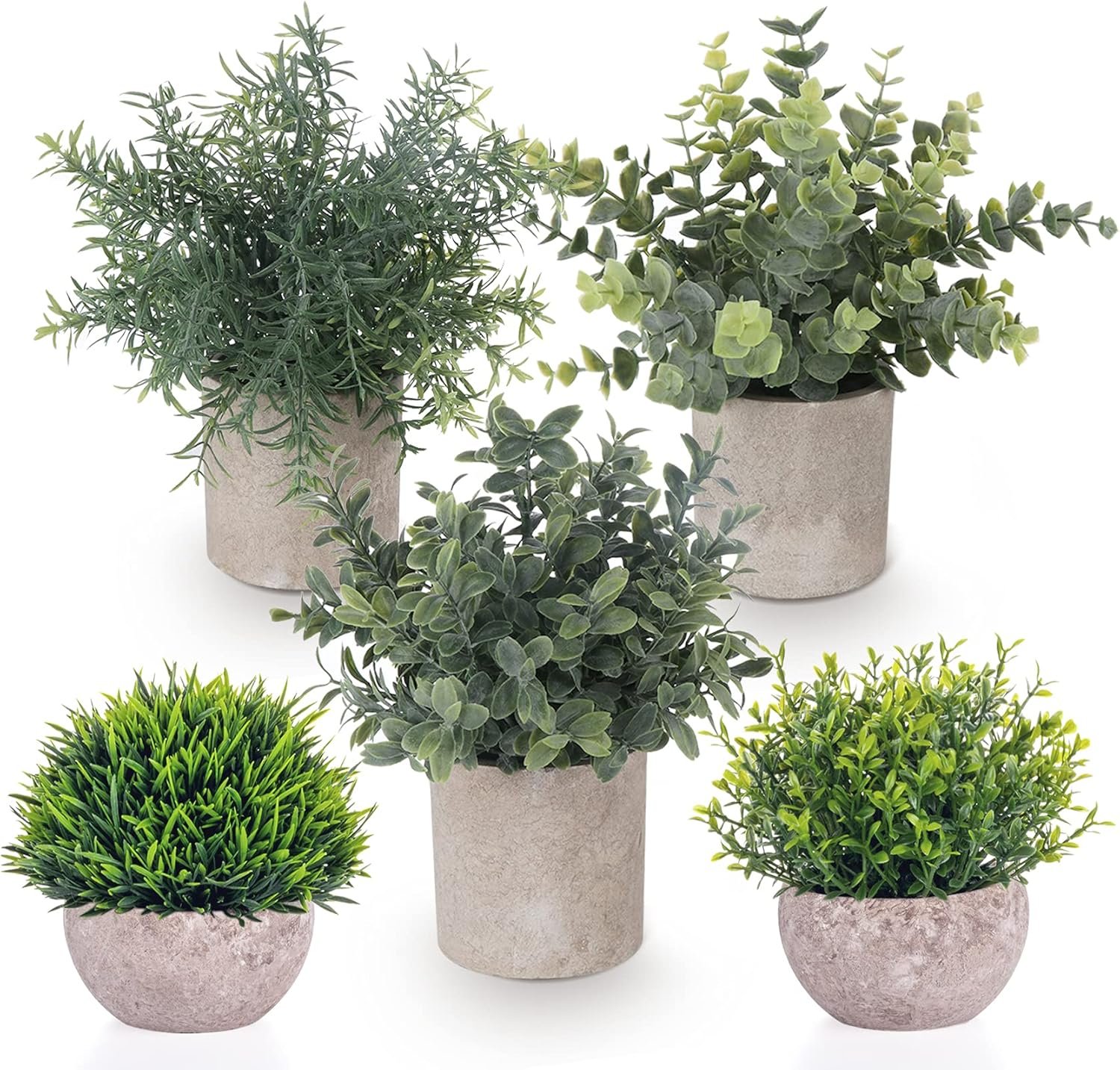 Lemonfilter Small Fake Plants, 5 Pack Mini Potted Artificial Eucalyptus Plant Greenery Plastic Fake Plants Faux Plant for Table Shelve Bathroom Kitchen Rustic Farmhouse Indoor Decor