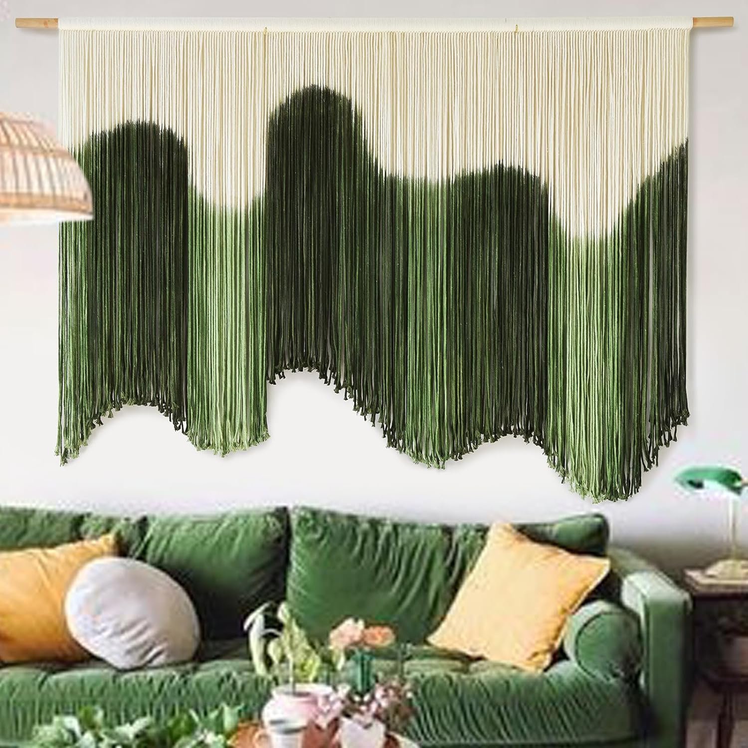 IOWER Large Macrame Wall Hanging Boho Wall Art Green Fiber Dip-Dyed Handmade Macrame Cord for Headboard Bedroom Living Room Fireplace 57″ W x 39″ L