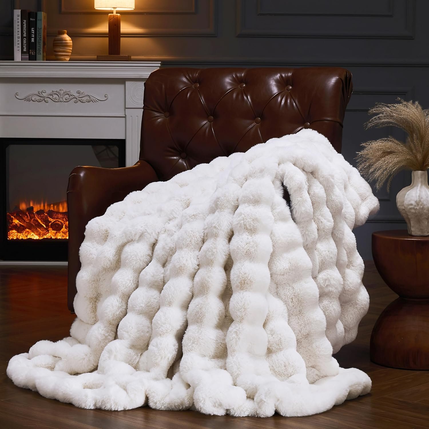 Faux Fur Throw Blanket for Couch, Fluffy Fuzzy Plush Bubble Blanket, Soft Warm Cozy Shaggy Rabbit Blanket, Luxury Decorative Gifts for Sofa Bedroom Living Room, 60x50inch (Beige)