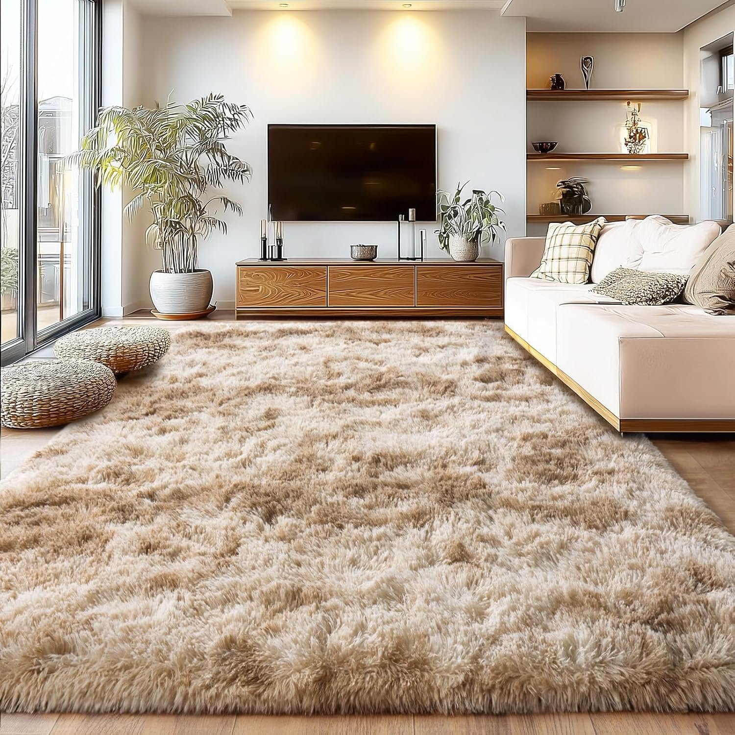 Large Plush Shaggy Rug High Pile Fluffy Rug for Living Room, Big Plush Non-Skid Shag Carpet, Soft Shaggy Rugs for Bedroom Indoor Modern Home Decor Tie Dye Camel 9x12ft