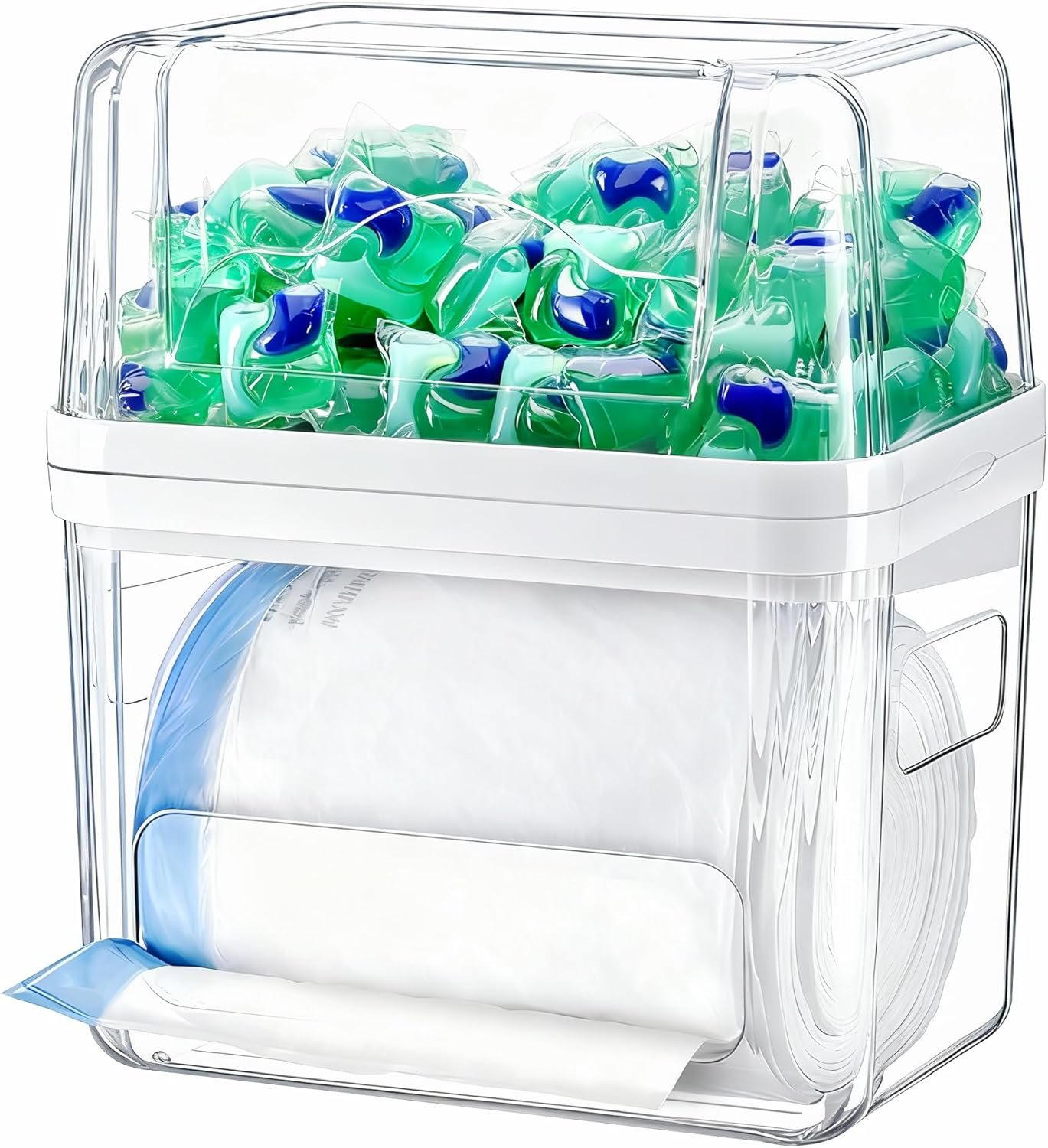 iCASA Trash Bag and Dishwasher Pod Dispenser – 3 in 1 Clear Storage Bins Holder for 13/30/33 Gallon Garbage Bags, Laundry Detergent Pods & Tabs, Under Sink Organizer for Kitchen and Laundry Room