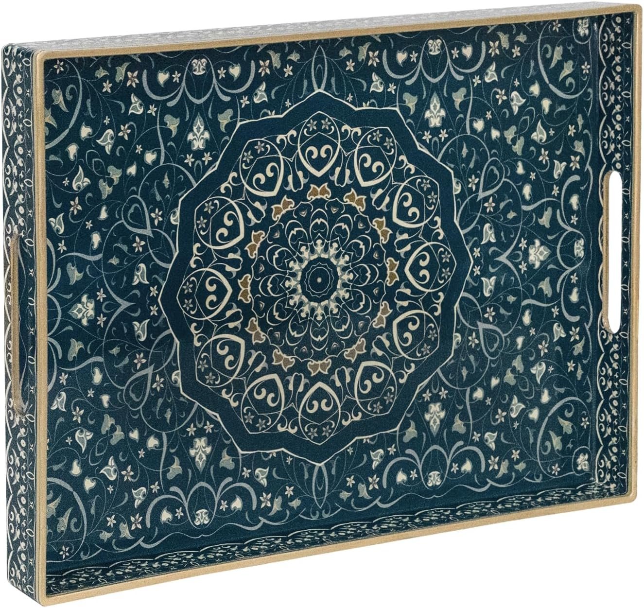 MAONAME Serving Tray with Handles, Plastic Rectangular Tray for Coffee Table, Dark Blue Boho Decorative Trays for Ottoman, Living Room, 15.8″ Lx 11.8″ W X 1.6″ H