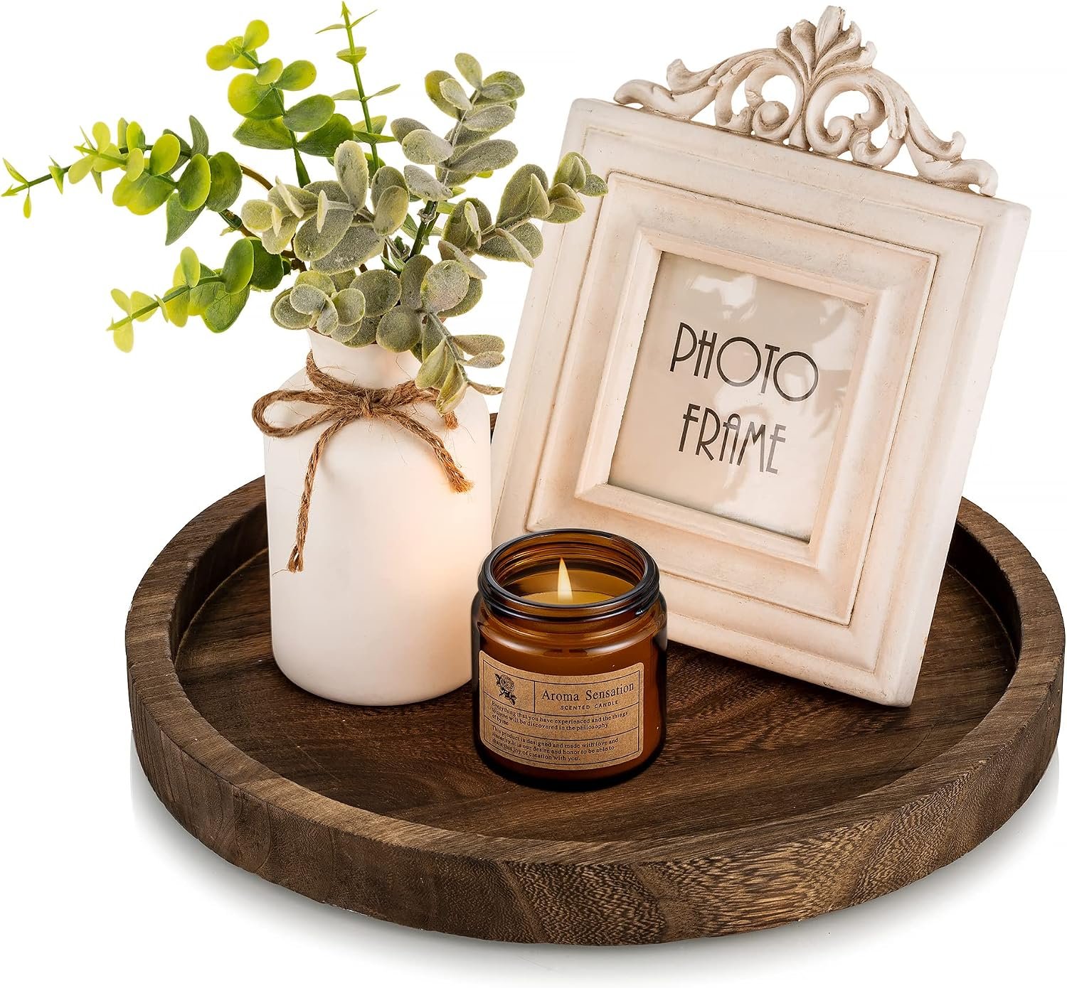 Hanobe Round Wooden Candle Trays: Rustic Candlestick Holder Tray Pillar Stand for Table Centerpiece – Farmhouse Coffee Table Decor for Living Room Kitchen Counter