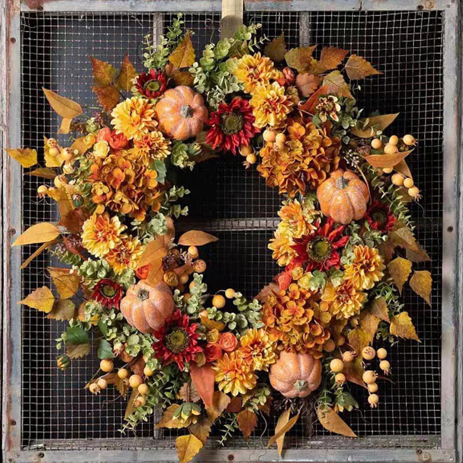 Farmhouse Fall Wreath with Seasonal Botanicals – Autumn Harvest Front Door Decor, All-Season Harvest Wreath for Porch, Wall, Home Decor (B)