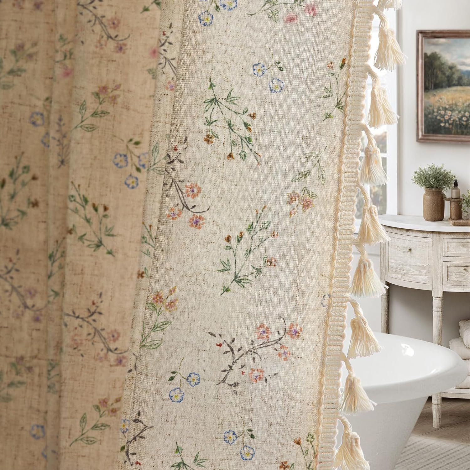 Floral Farmhouse Vintage Linen Shower Curtain, French Country Spring Shower Curtains for Bathroom with Tassels, 72Wx72H