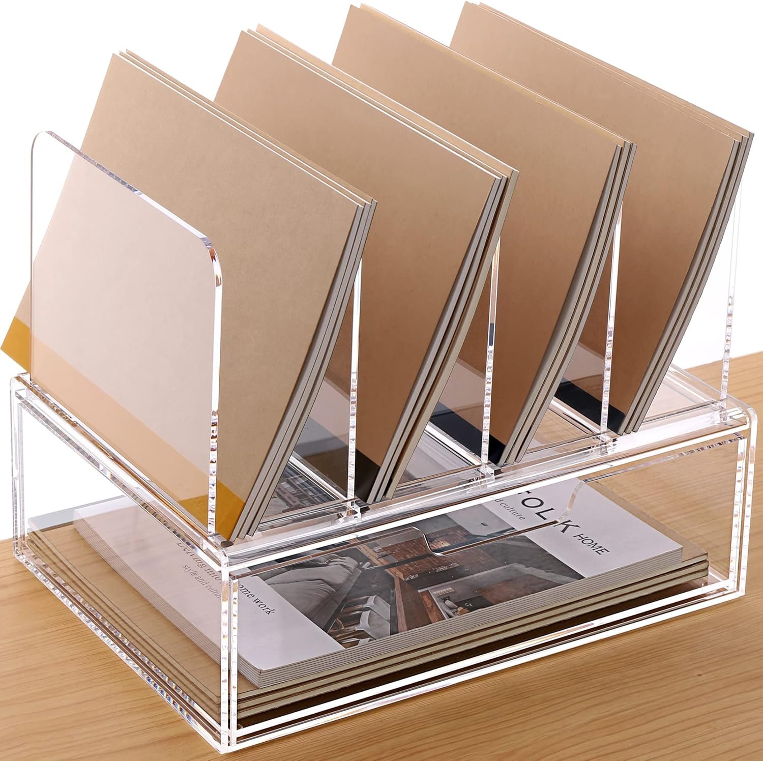 HeZone Desk Organizers and Accessories, Acrylic Desk Organizer with Drawer, Office Supplies Organization Storage, Clear Acrylic File Organizer for Desk – 1 Pack