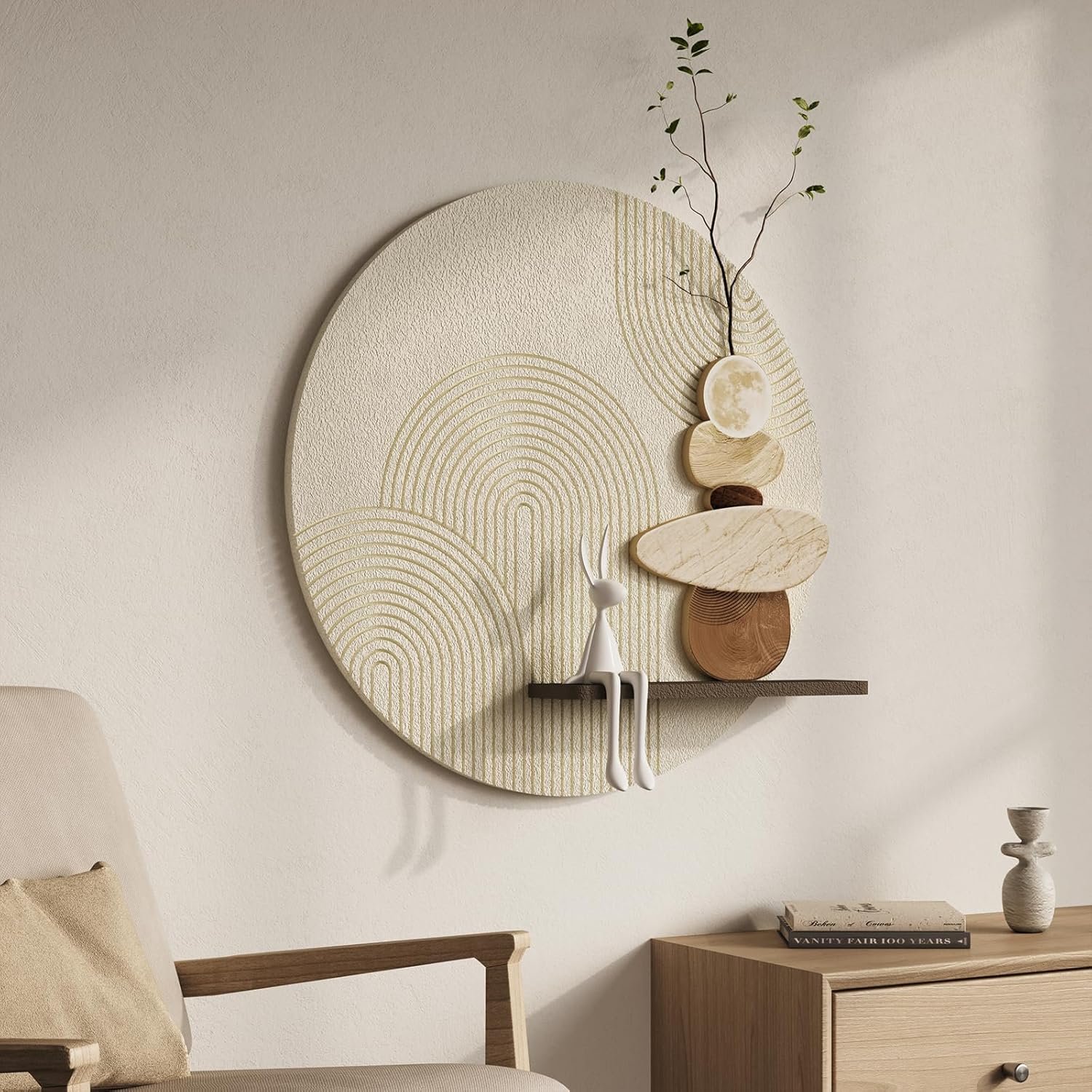 3D Textured Neutral Abstract Wall Art Decor with Shelf, Boho Beige and Brown Artwork for Walls, Modern Minimalist Wall Decor for Living Room, Hallway, Dining Room, Kitchen, Bedroom, Office 24×24 Inch