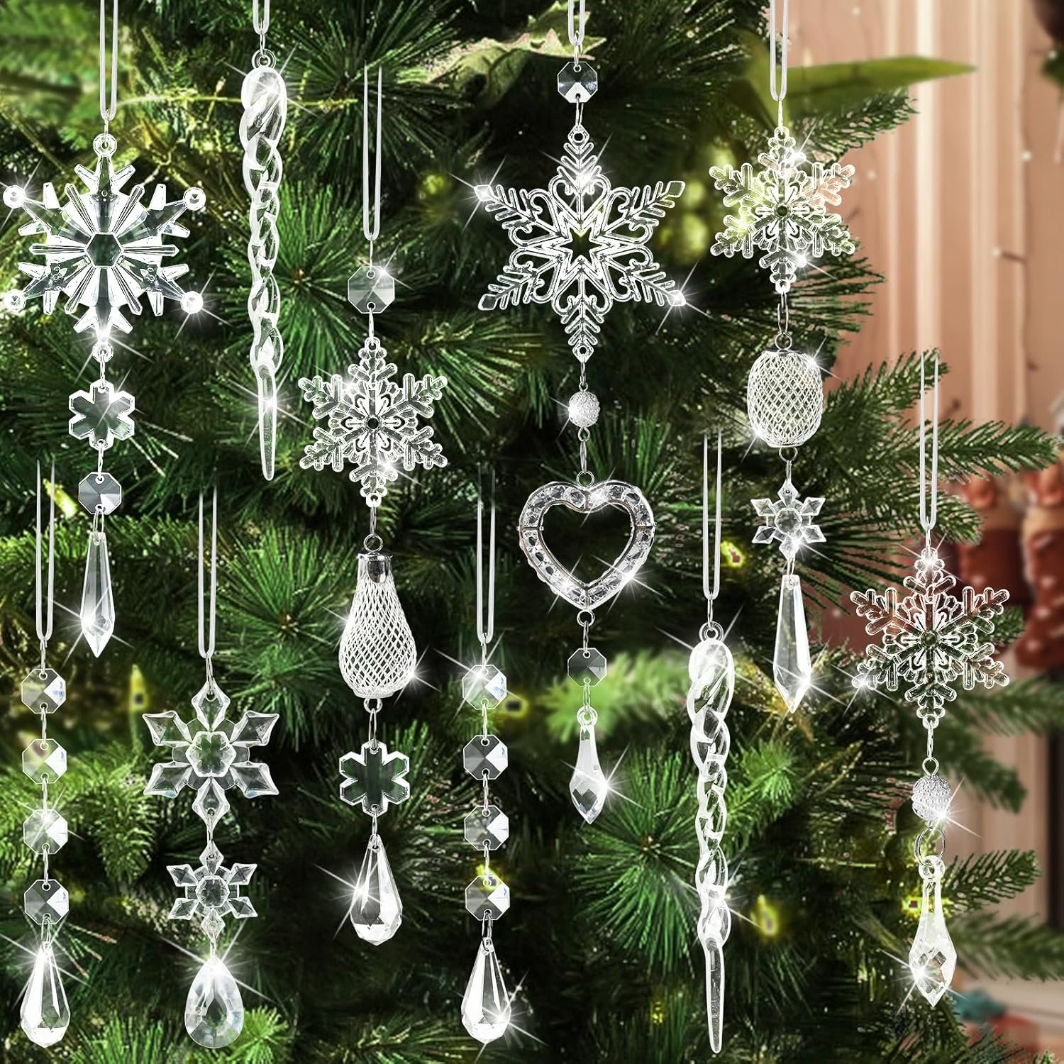 Crystal Ornaments Christmas Tree Decorations – 21pcs Christmas Tree Ornaments Sparkling Dazzling Festival Party Decoration Crystal Snowflake Design Hanging Ornament Holiday Season Home Decor