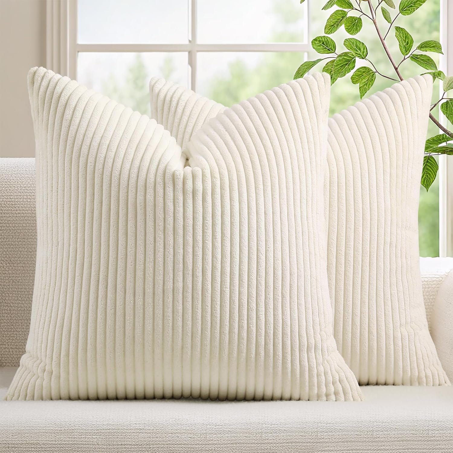 Mecatny Corduroy Summer Decorative Throw Pillow Covers 18×18 Set of 2 for Sofa Living Room, Soft Neutral Boho Couch Pillow Covers for Home Decor, Cream White