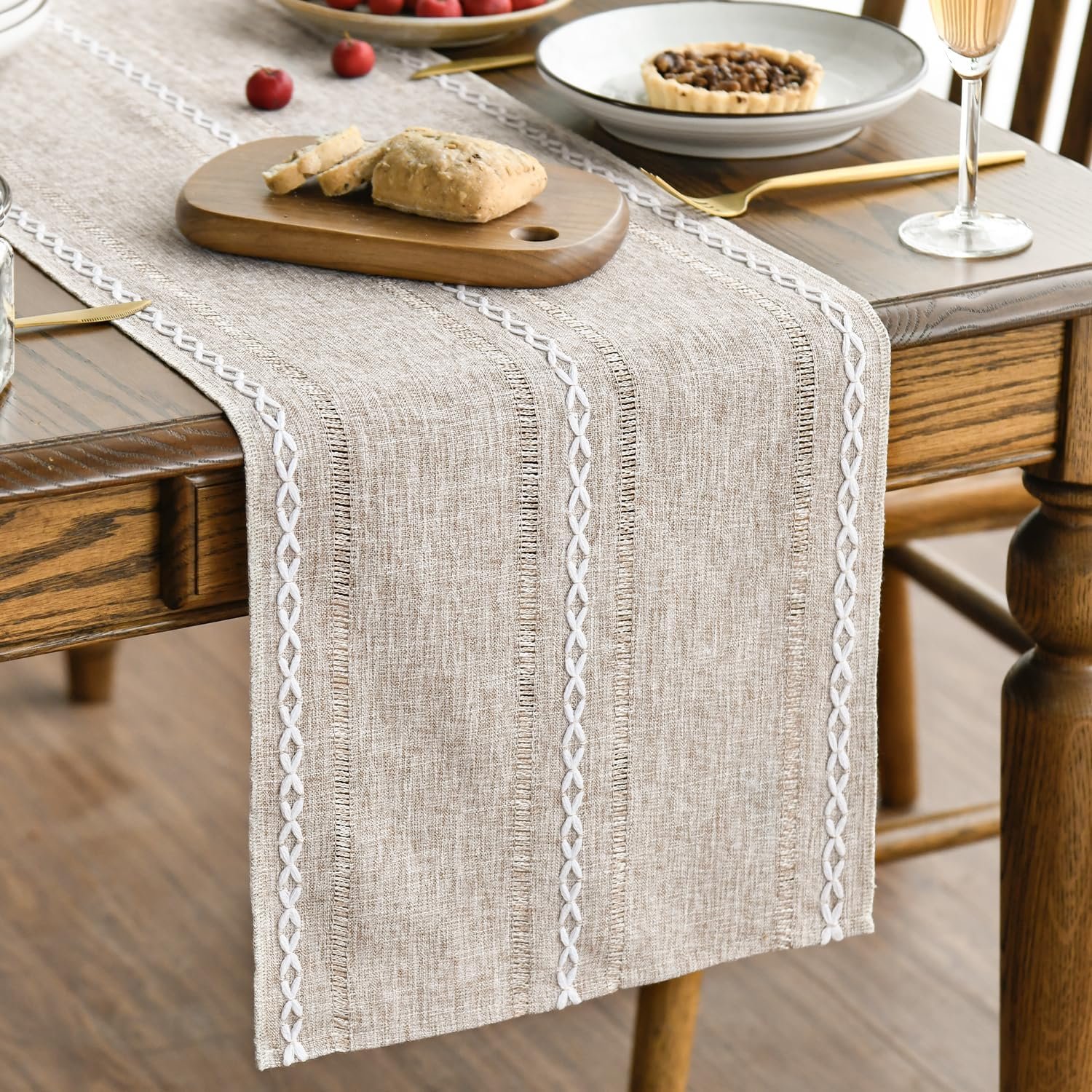 Artoid Mode Brown Rustic Cotton Linen Table Runner, Seasonal Embroidered Hollow Kitchen Dining Table Decoration for Home Party Decor 13×72 Inch