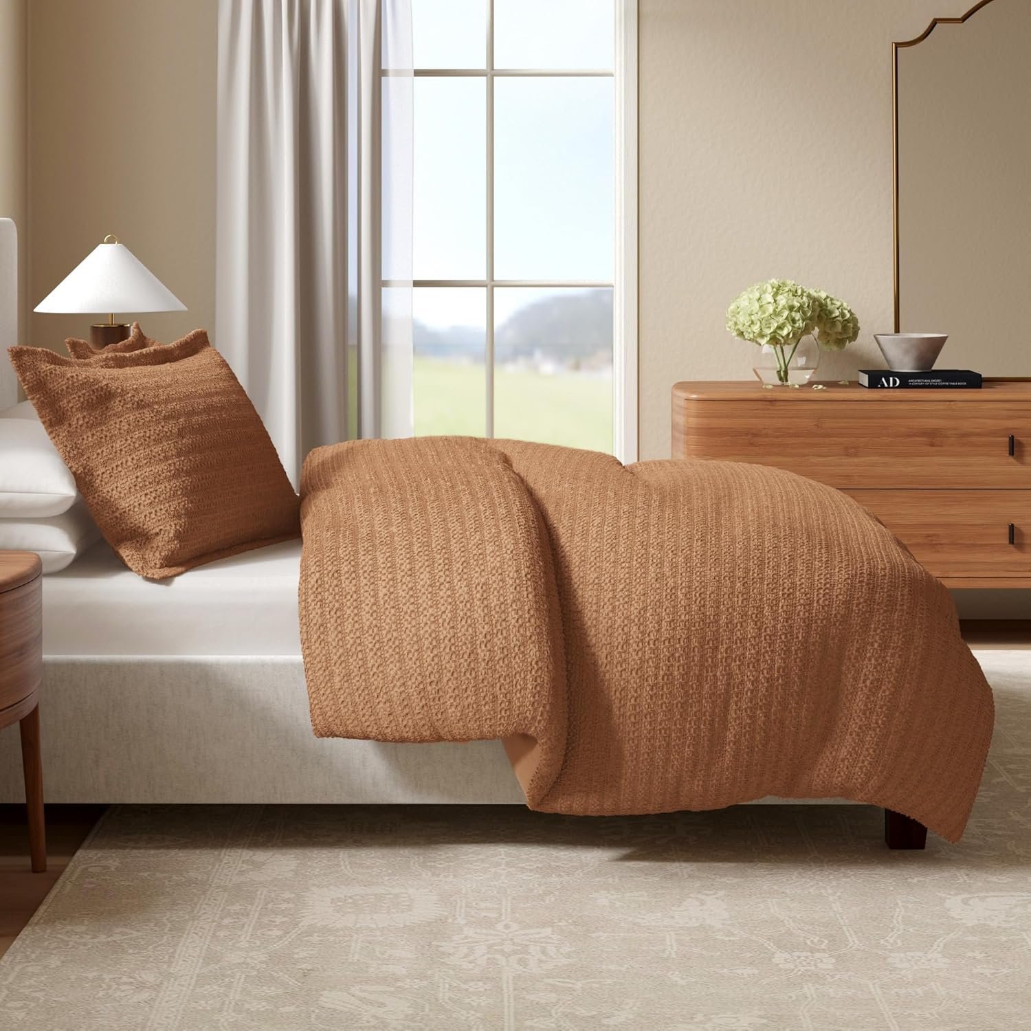 Great Bay Home 100% Natural Cotton Duvet Cover Set, Full/Queen Size – Honeycomb Waffle Brown Duvet Cover with Button Closure & 2 Pillow Shams – Boho Bedroom Decor