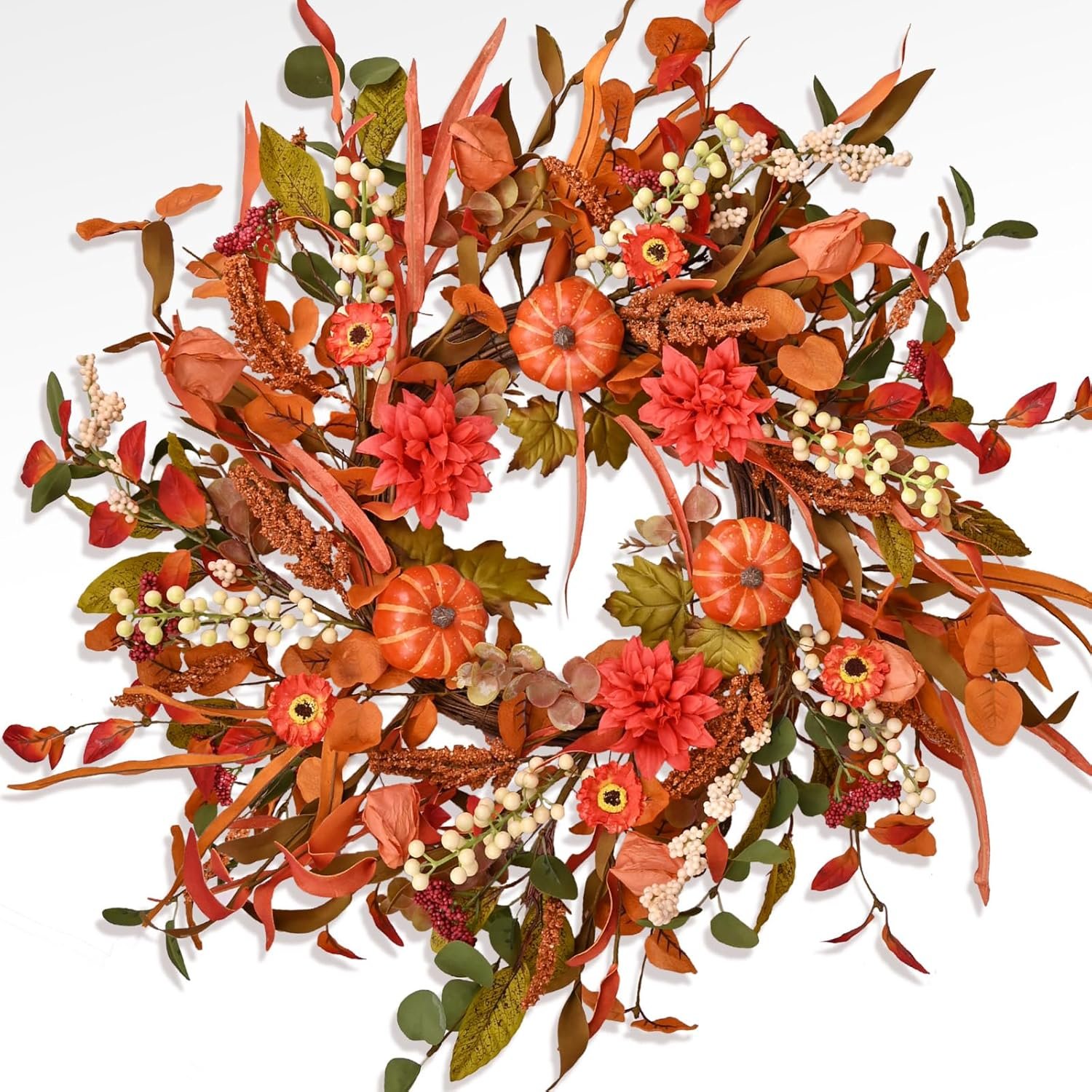 24″ Pumpkin Fall Wreath with Colorful Mixed Leaves, Autumn Wildflower Artificial Wreath with Berry for Thanksgiving Halloween Front Door Home Wall Farmhouse Holiday Outdoor Indoor Décor
