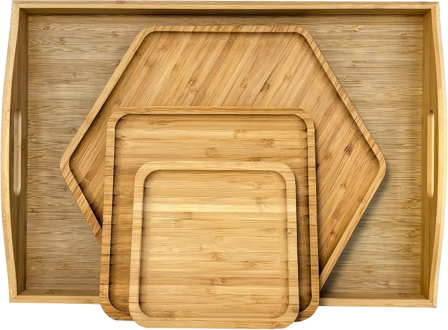 Bamboo Serving Trays Charcuterie Platter 16.5″x11.8″（42x30cm with Handle, Set Includes 1xHexagon 12.5″(32cm)+1xSquare 7.8″(20cm)+1xSquare 5.9″(15cm) Small Plates for Family Dinner