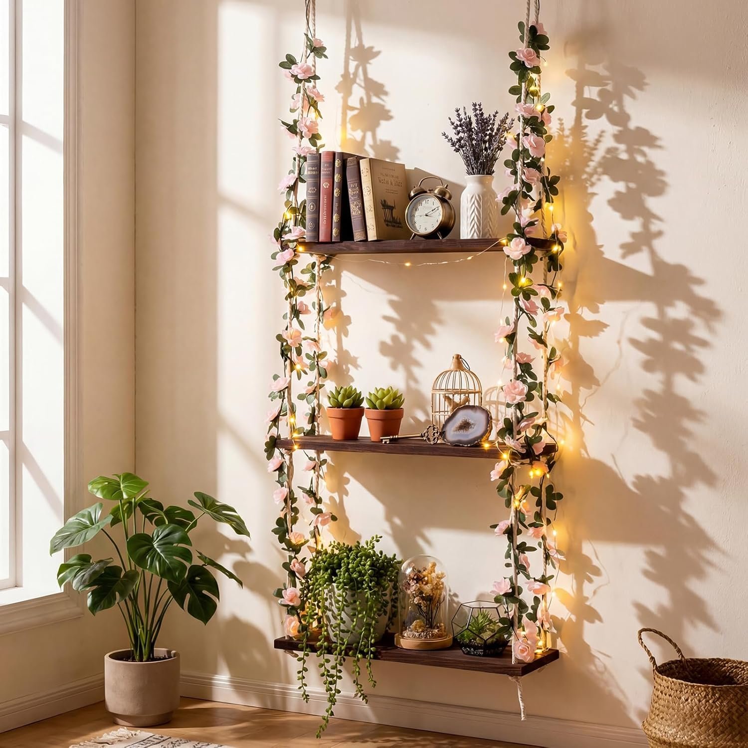 AceOrbit 3 Tier Wall Hanging Shelves with Artificial Ivy Leaves, 15.8″x52″ Boho Room Decor Handmade Cotton Rope, Wooden Hanging Storage Floating Shelves for Small Plants, Living Room Bedroom