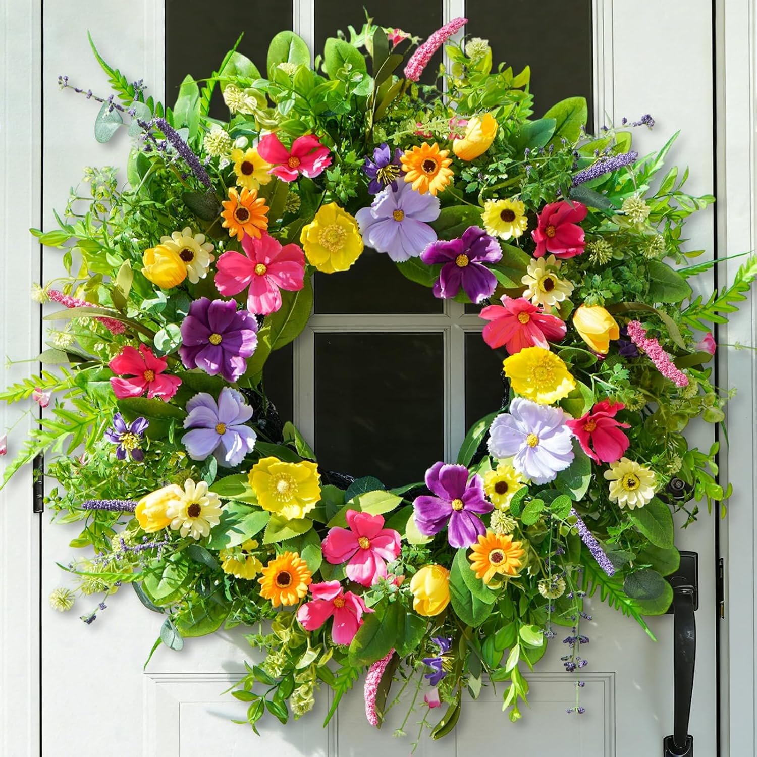 24 Inch Summer Wreaths for Front Door, Luxury Colorful Summer Door Wreath with Eucalyptus & Wild Blooms, Artificial Spring Summer Wreath for Indoor Outdoor Home Wall Porch Mantel Summer Decor
