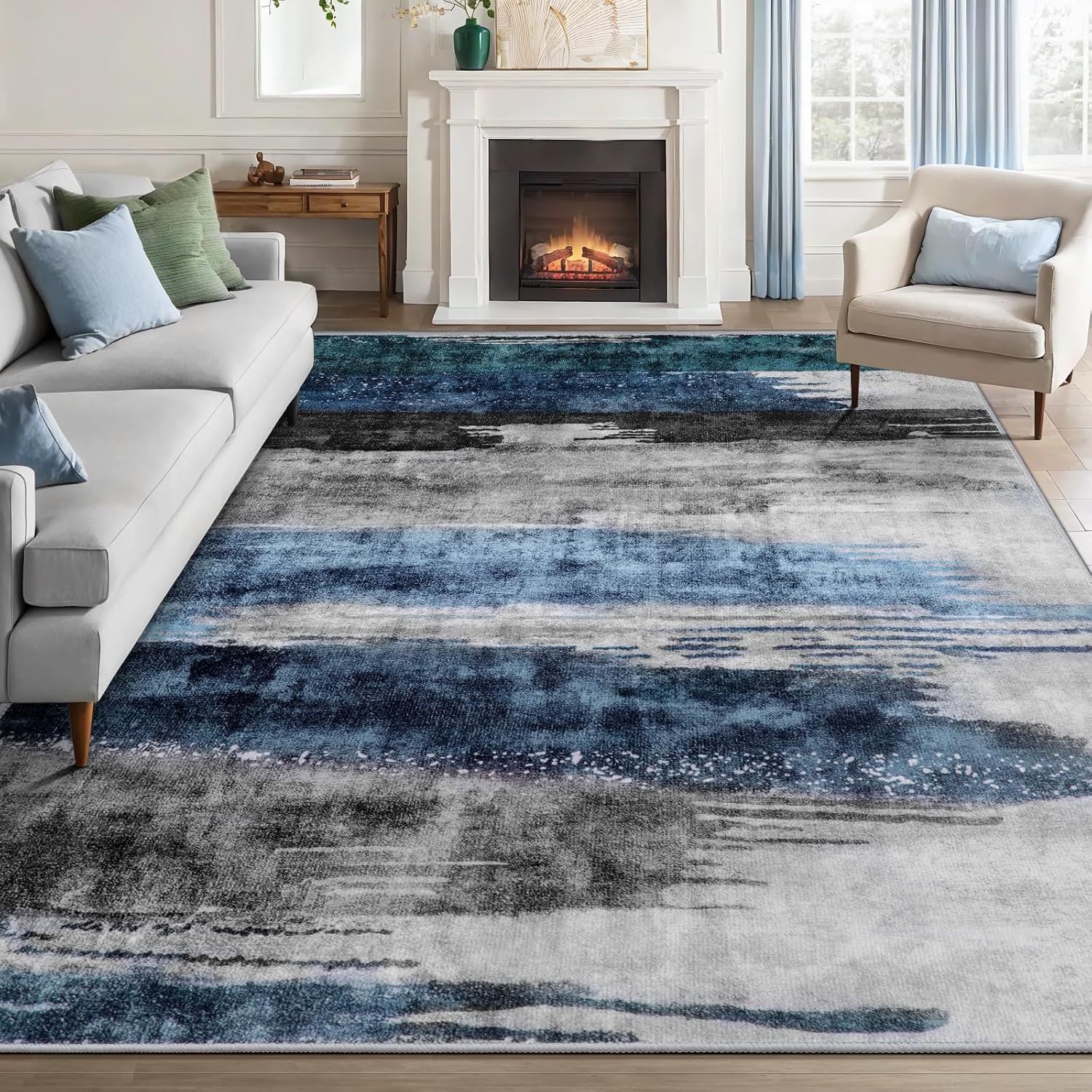 Ciicool Modern Abstract Rug for Living Room, 5’x7′ Machine Washable Area Rug Non-Slip Rug, Low-Pile Contemporary Indoor Dining Floor Carpet for Bedroom Office Under Table Home Decor Navy Grey