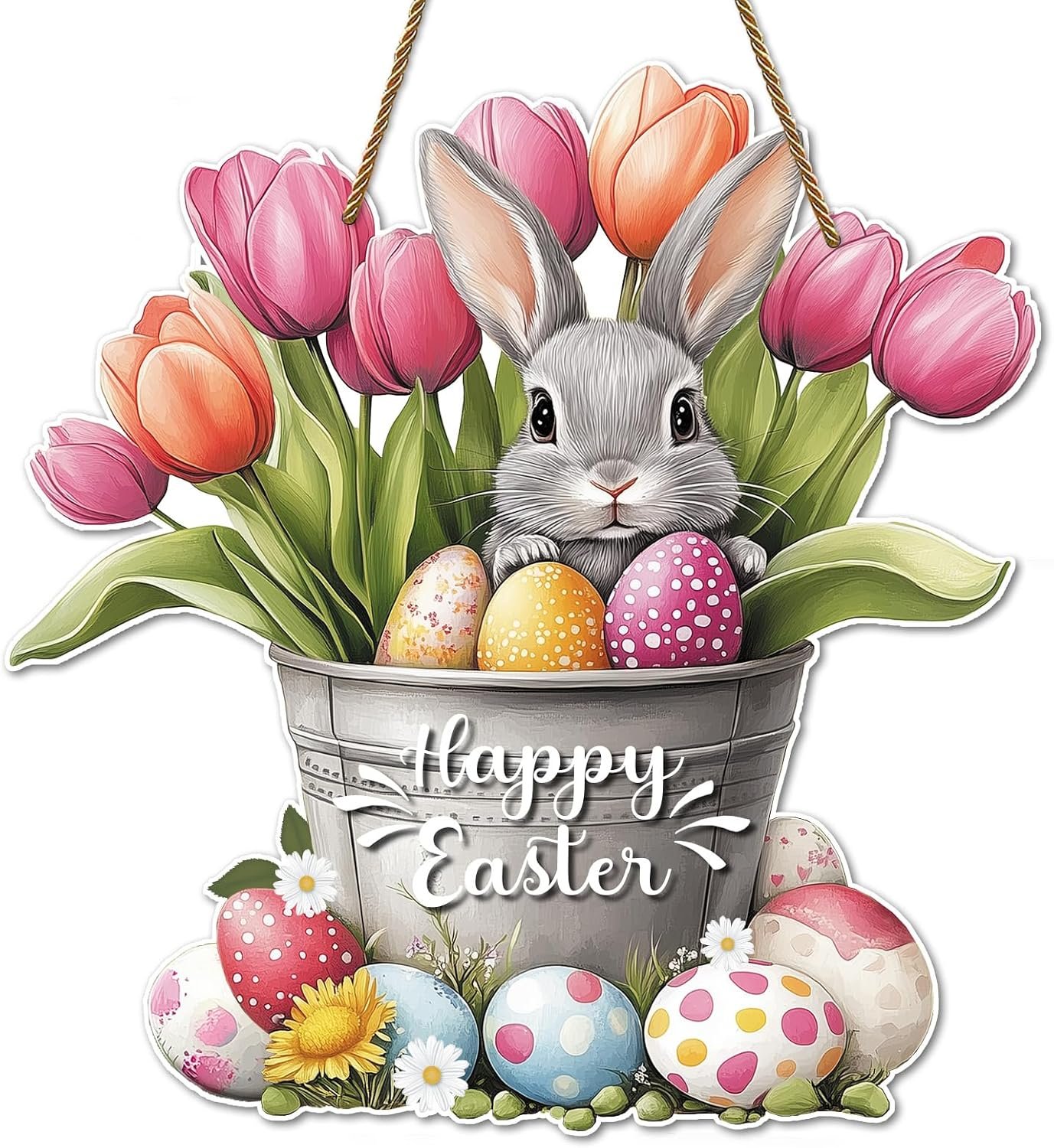 Happy Easter Door Decoration Bunny Floral Bucket Hanging Sign for Decor for Front Door 11.4 Easter door wreath for Home Decor Spring Rabbit Wall Hanger for Porch Outdoor Indoor