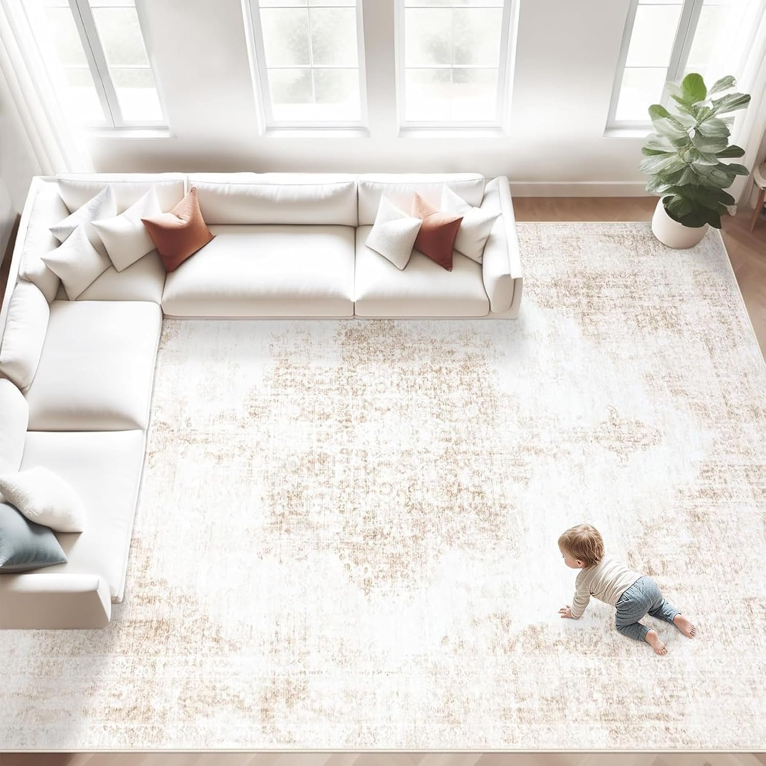 Area Rugs 8×10 Vintage Rug: Large Washable Living Room Rug Retro Medallion Distressed Rugs Soft Low Pile Non-Slip Indoor Floor Carpet for Bedroom Kitchen Nursery Dining Table Office (Beige, 8’x10′)
