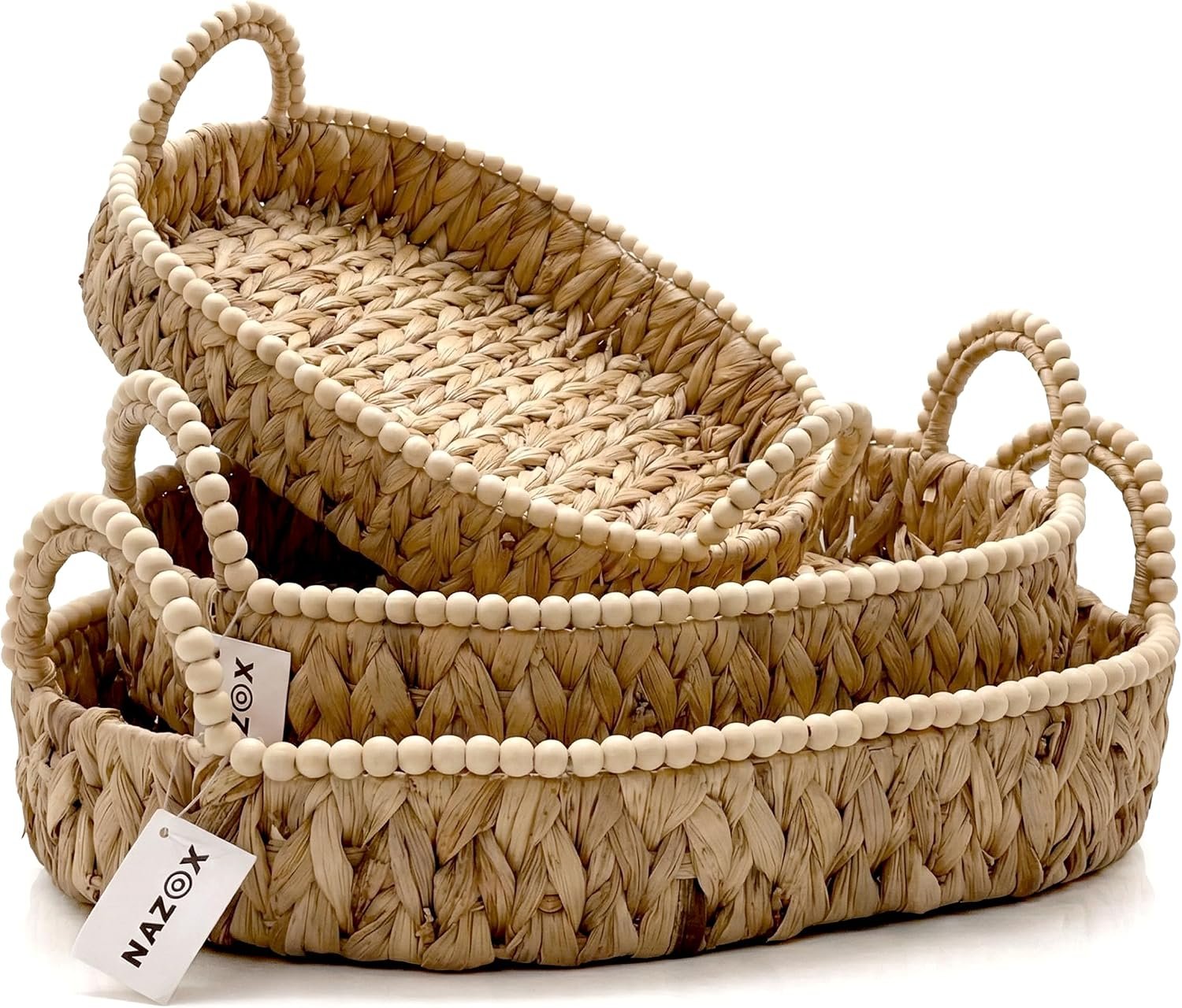 Handwoven Water Hyacinth Wicker Basket Set of 3 – Storage Baskets with Handles & Scalloped Edge for Living Room, Nursery Organization, Laundry & Pantry Wicker Baskets Use