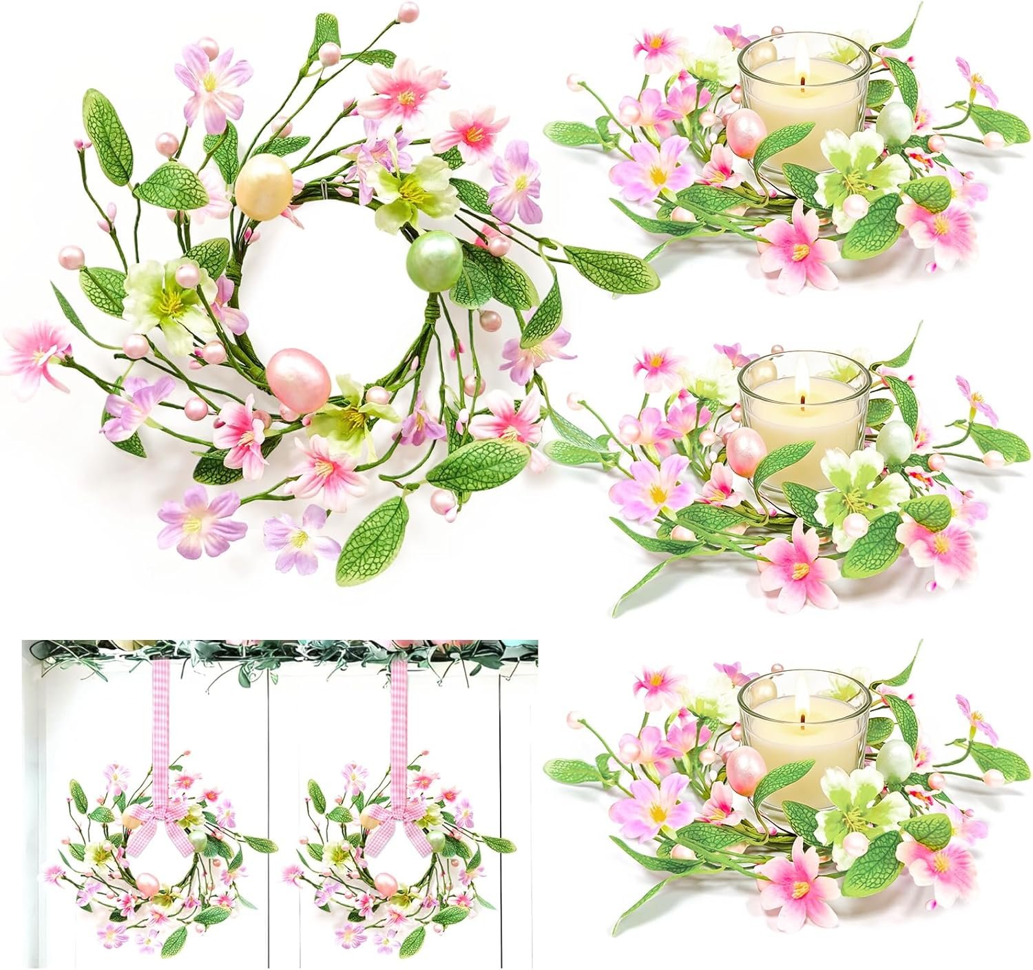 4 Pcs Easter Decorations for Home 12 Inch Small Easter Wreath with Colorful Eggs Flowers Berried Leaves Spring Mini Easter Wreath for Home Decor Table Kitchen Cabinets Mantle Wall Window Door