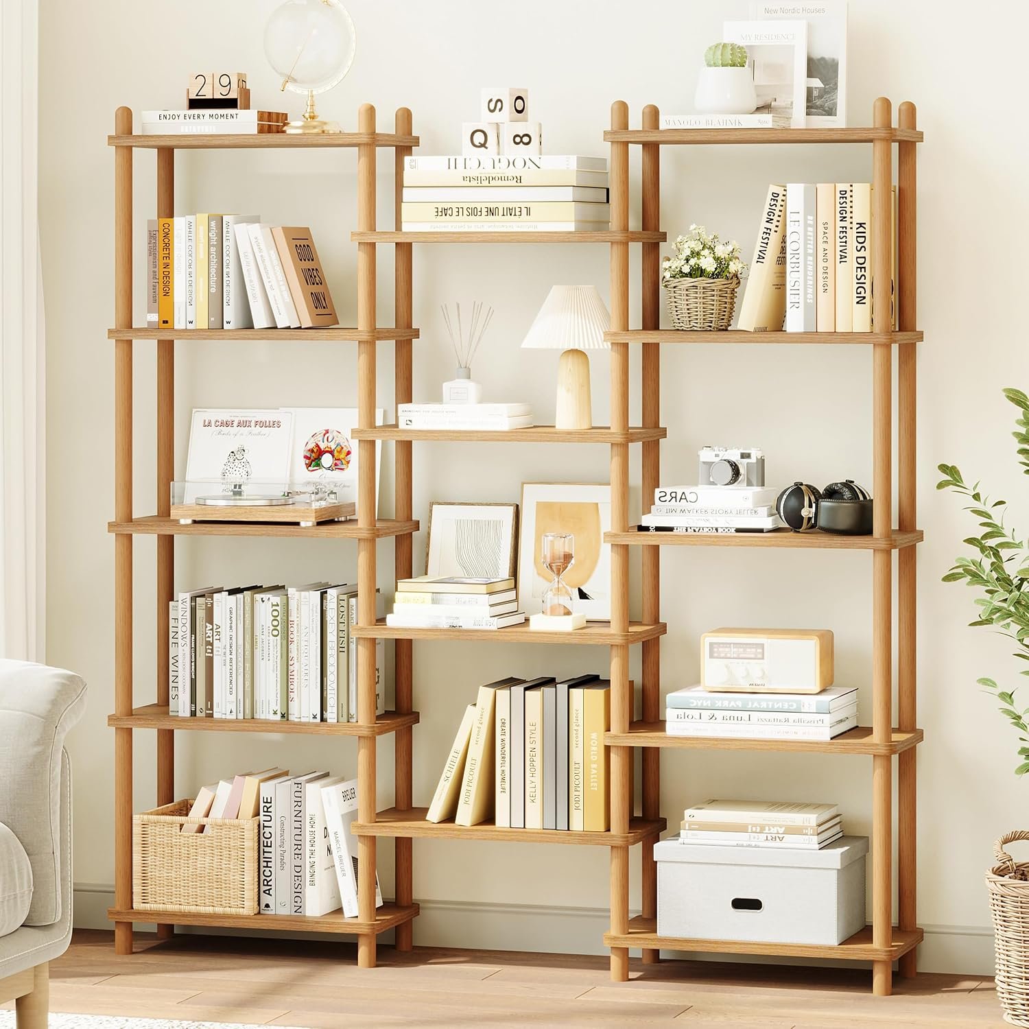 IOTXY Wooden Triple Wide Bookshelf – 5-Tier Large Shelf Bookcase with Solid Beech Frame, Tall Freestanding Open Etagere Display Rack for Home Office, Oak