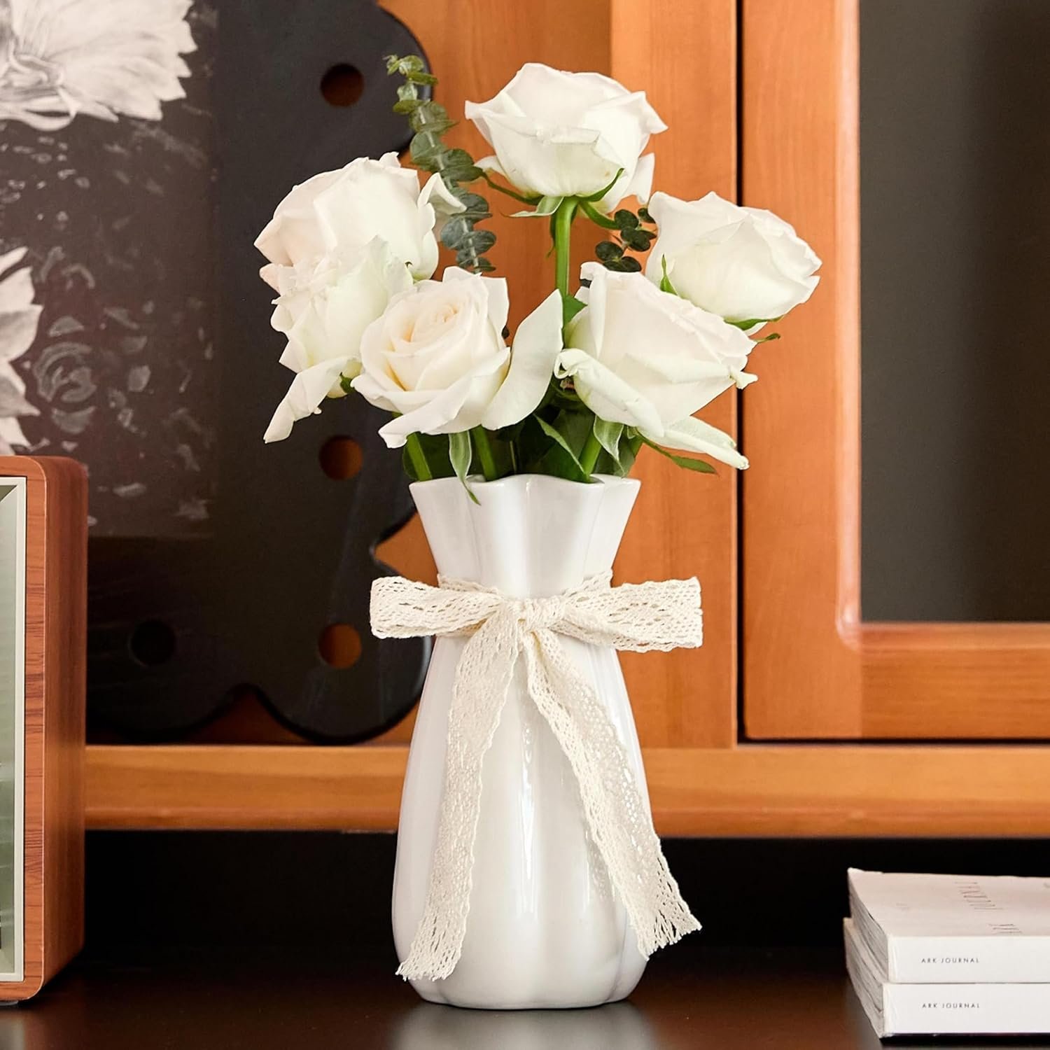 White Ceramic Flower Vase, 8” Modern Decorative Vases Minimalism Boho Vases for Home Decor, White Vase for Table Centerpieces Living Room Office Wedding Farmhouse Decor