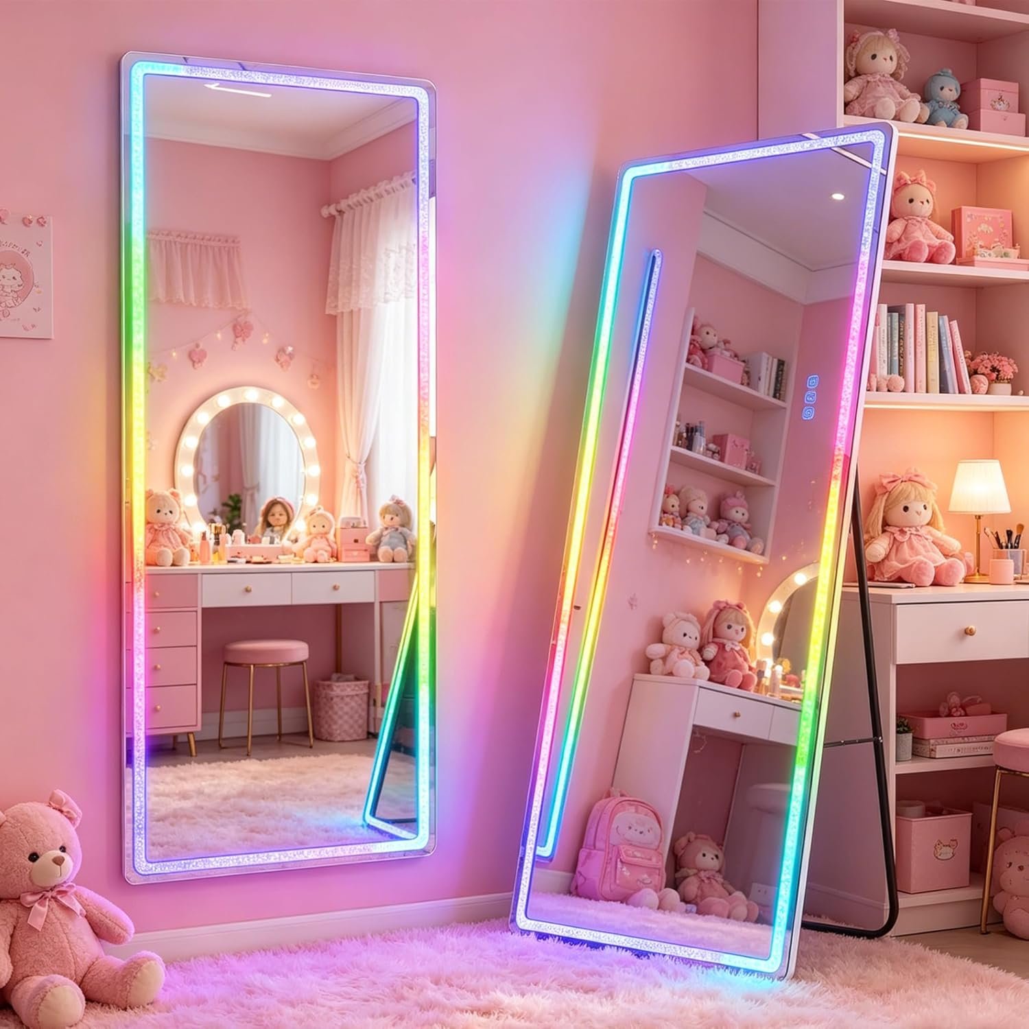 Vlsrka Full Length Mirror with RGB LED Lights, Full Body Lighted Mirror with Crushed Diamond, 63×20 Free Standing Floor Mirror, Wall Mounted Mirror, 7 Color Dimmable & 7 Color Speed Adjustable White