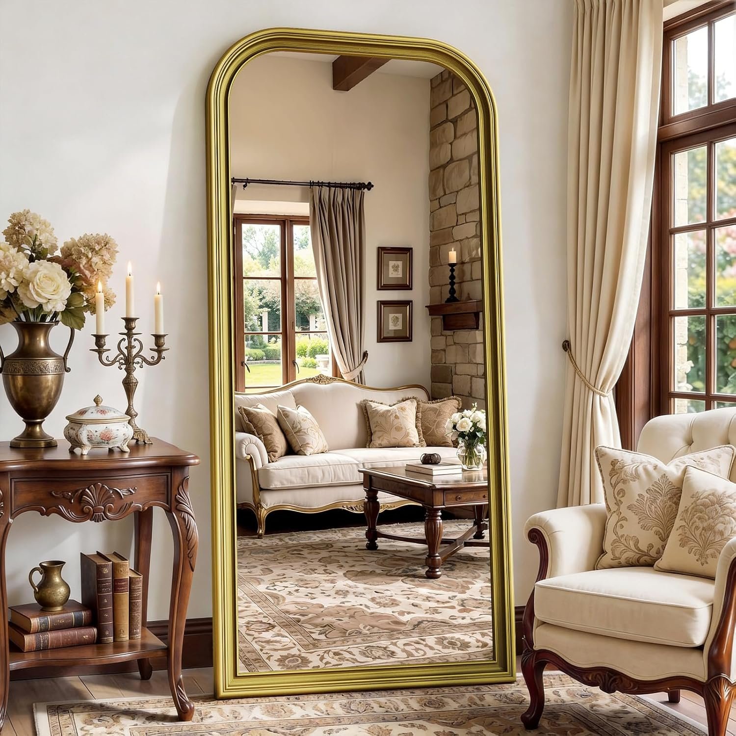 Full Length Mirror with Stand, 71″x32″ Full Body Mirror, Floor Length Mirrors Wall Mounted with Rounded Top, Large Standing Mirrors, PU Frame, for Bedroom Living Room Cloakroom, Antique Gold